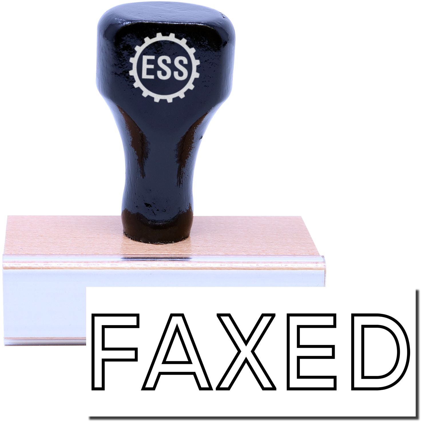 A stock office rubber stamp with a stamped image showing how the text FAXED in an outline font is displayed after stamping.