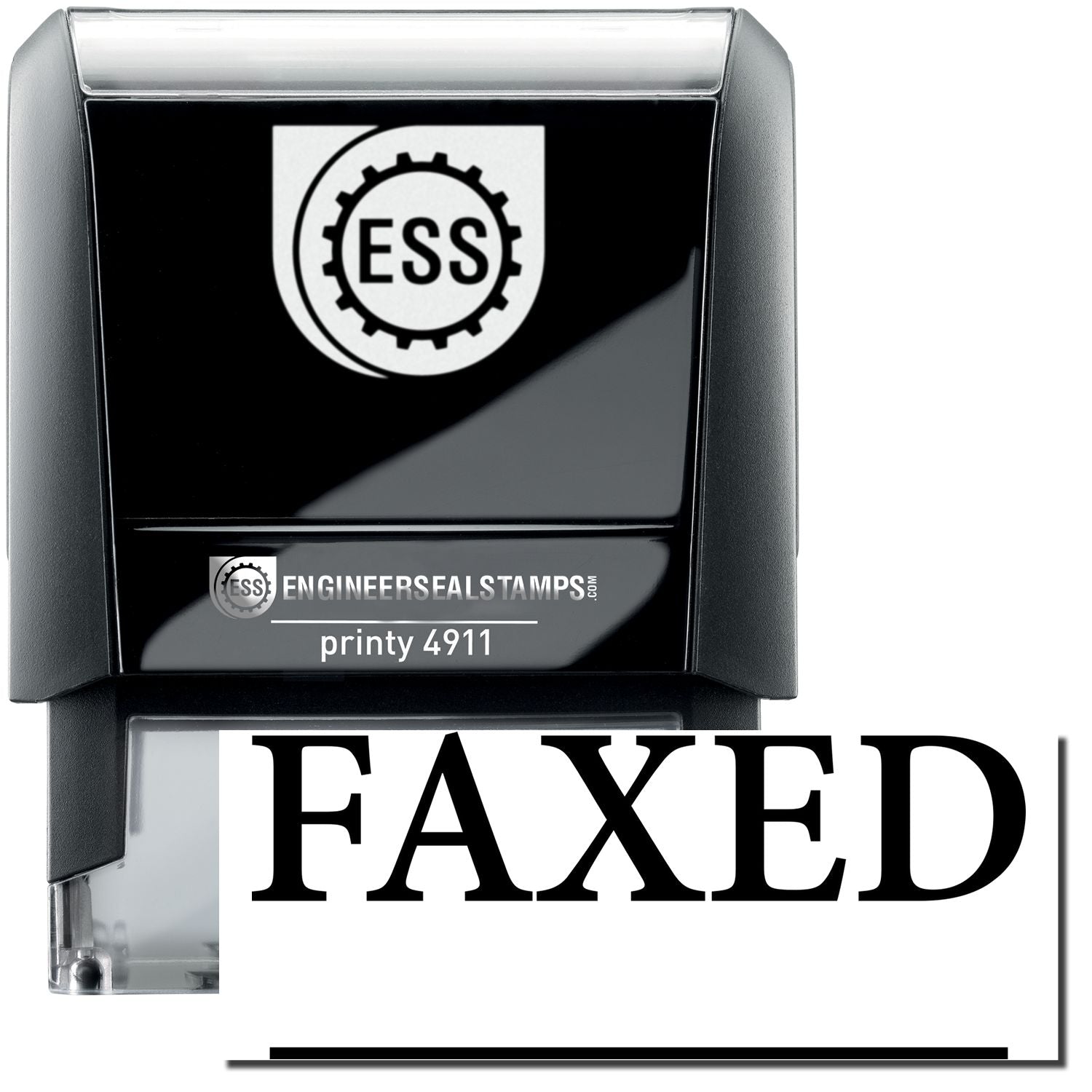 A self-inking stamp with a stamped image showing how the text "FAXED" in a times font with a line under it is displayed after stamping.