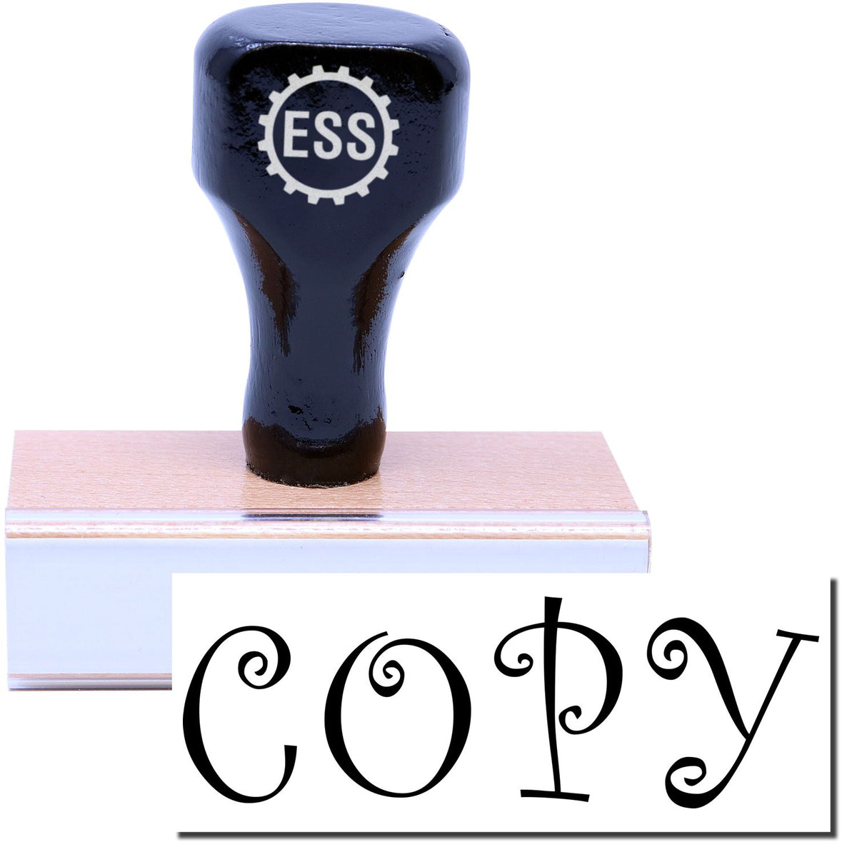A stock office rubber stamp with a stamped image showing how the text &quot;COPY&quot; in a distinguishing curly font is displayed after stamping.