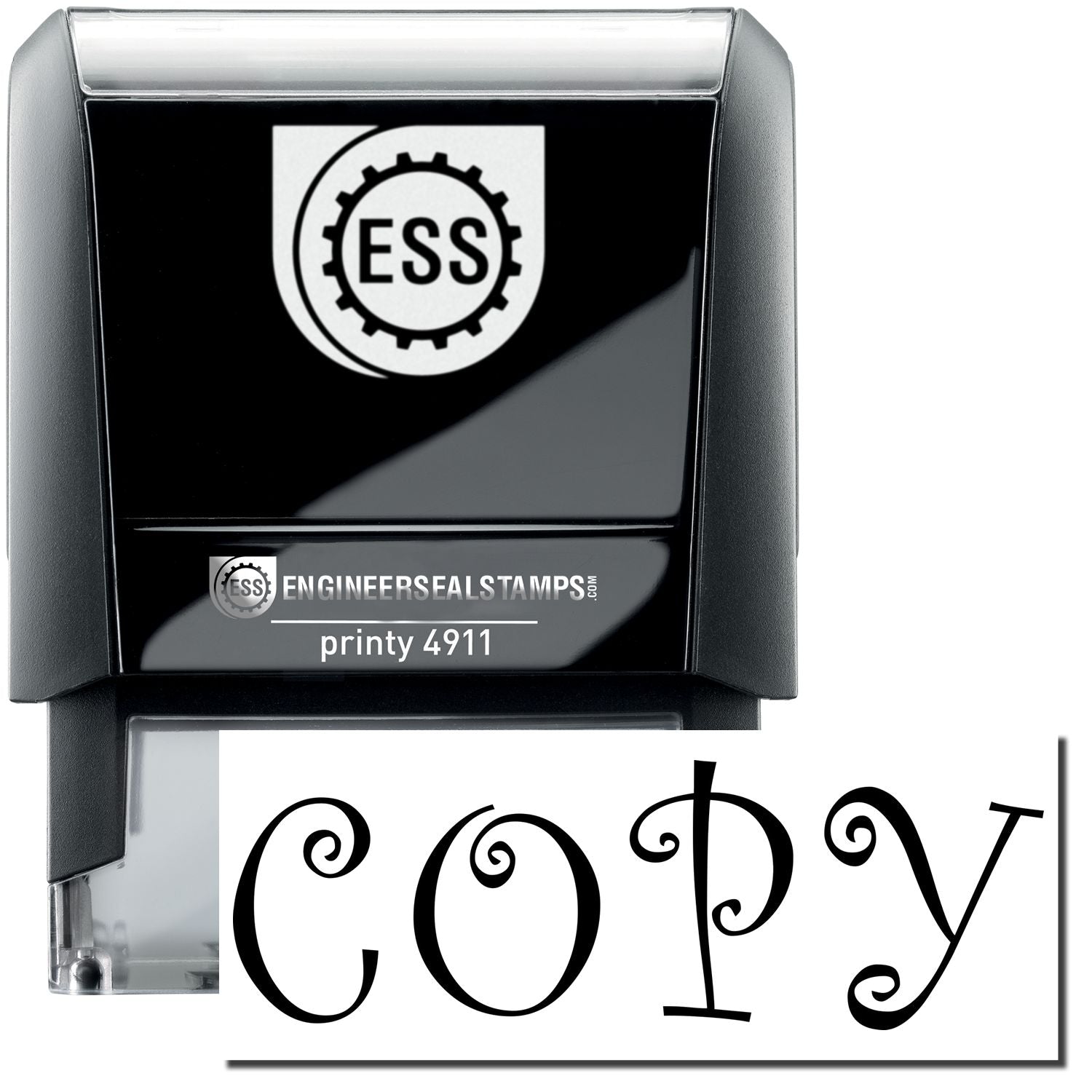A self-inking stamp with a stamped image showing how the text "COPY" in a curly font is displayed after stamping.
