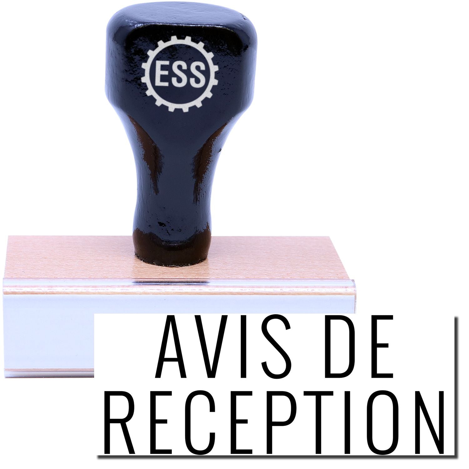 A stock office rubber stamp with a stamped image showing how the text AVIS DE RECEPTION is displayed after stamping.