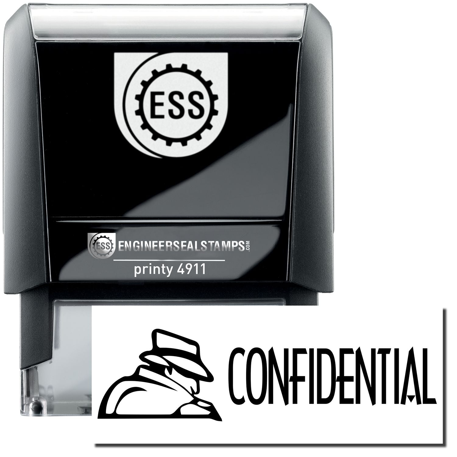 A self-inking stamp with a stamped image showing how the text "CONFIDENTIAL" with an eye-catching logo on the left side is displayed after stamping.