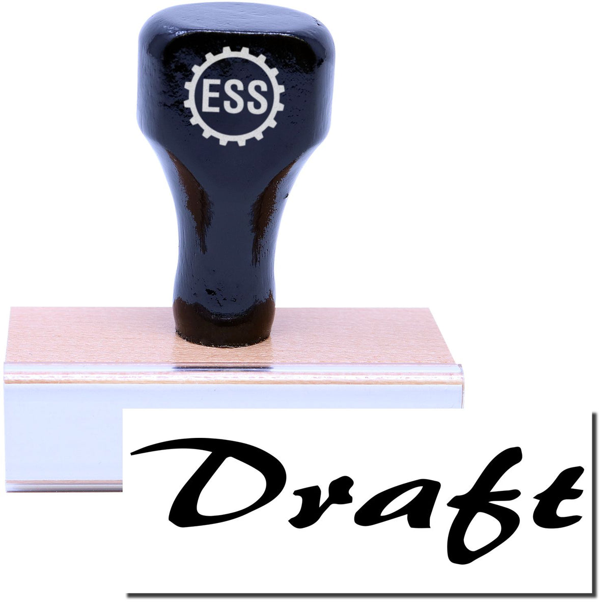 A stock office rubber stamp with a stamped image showing how the text &quot;Draft&quot; in a cursive font is displayed after stamping.