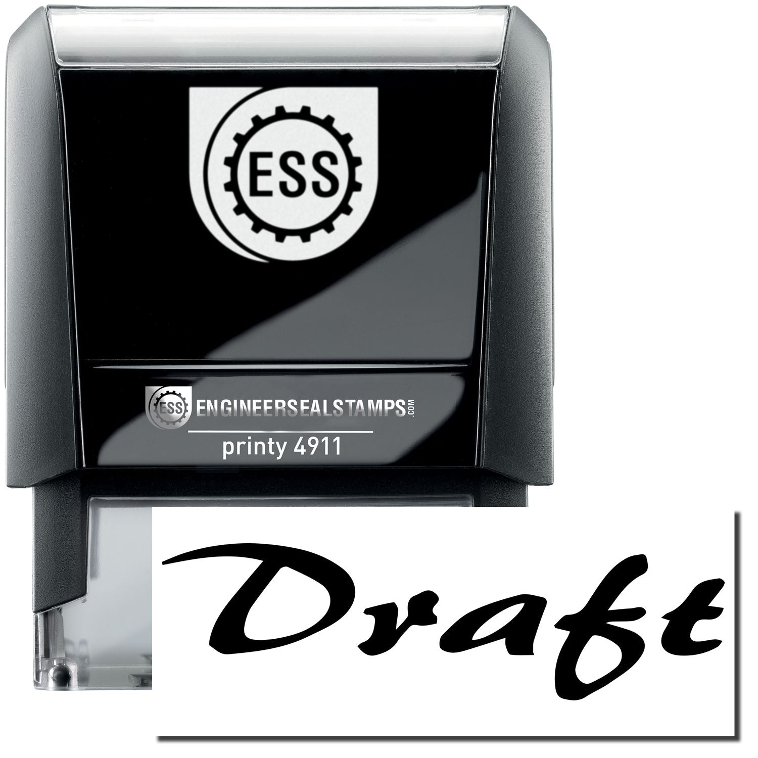 A self-inking stamp with a stamped image showing how the text Draft in a cursive font is displayed after stamping.