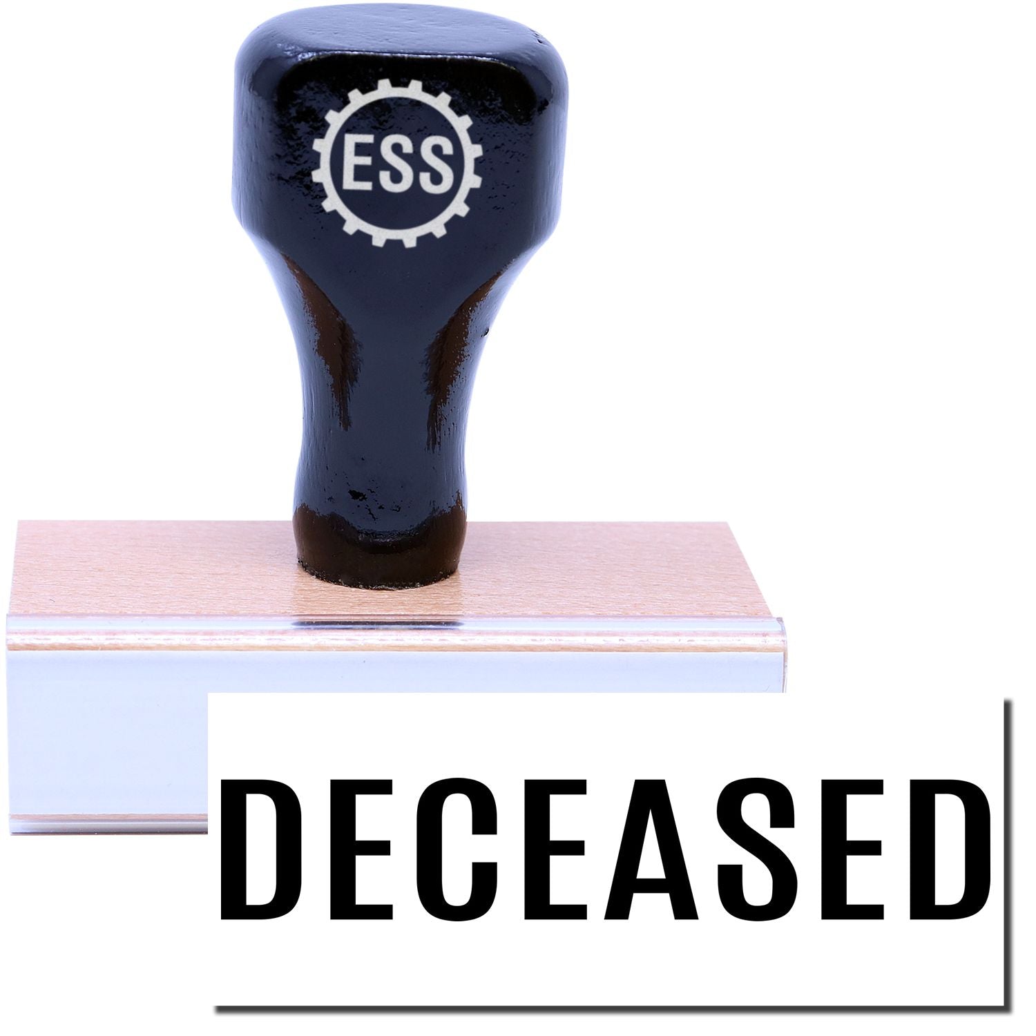 A stock office rubber stamp with a stamped image showing how the text DECEASED in bold font is displayed after stamping.