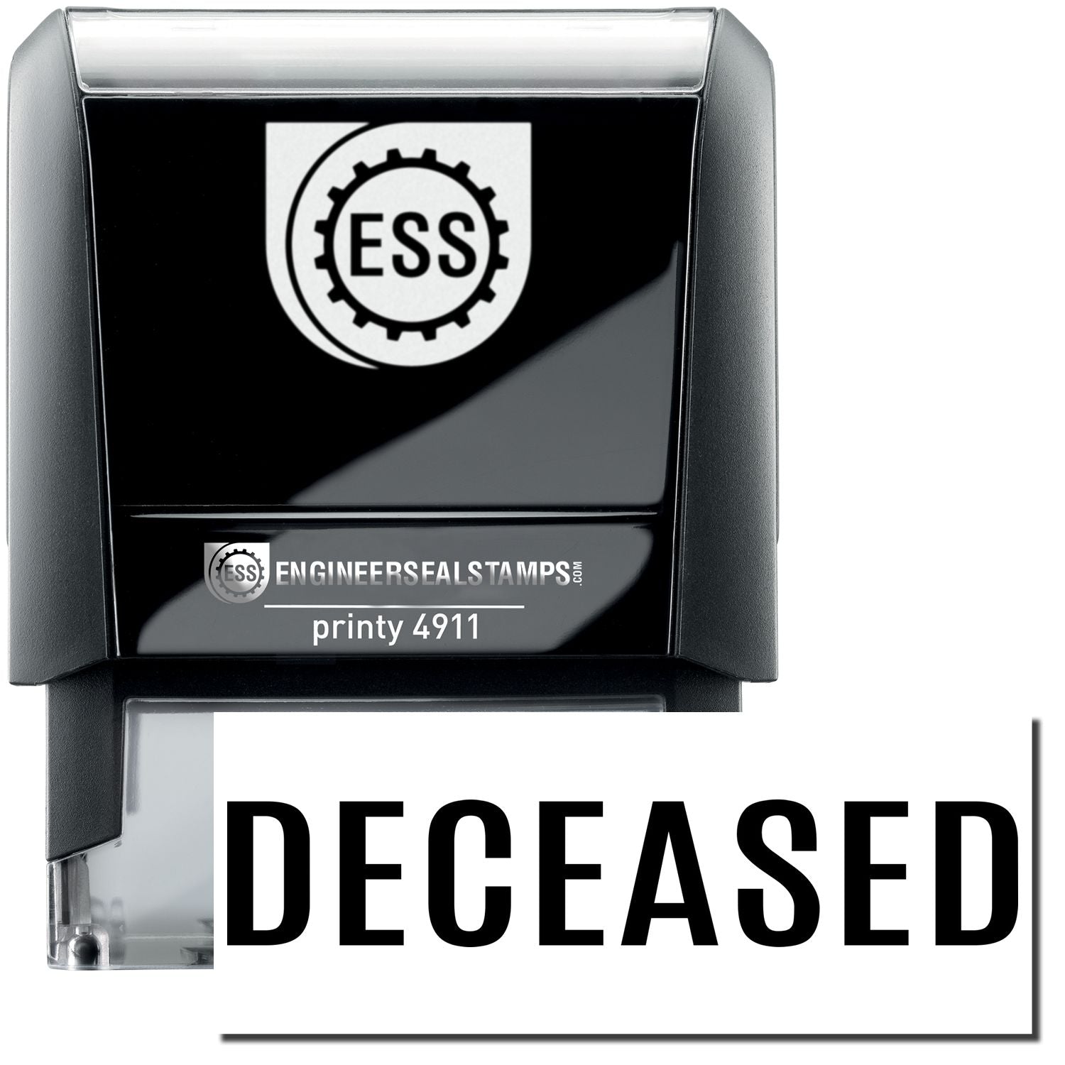 A self-inking stamp with a stamped image showing how the text "DECEASED" in bold font is displayed after stamping.