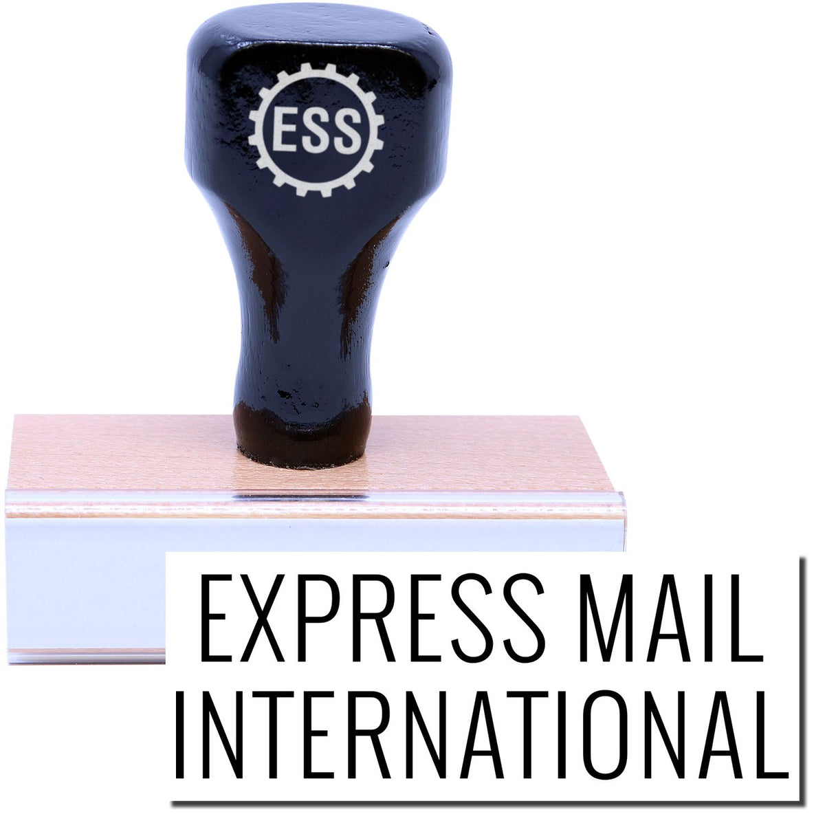 A stock office rubber stamp with a stamped image showing how the text &quot;EXPRESS MAIL INTERNATIONAL&quot; is displayed after stamping.