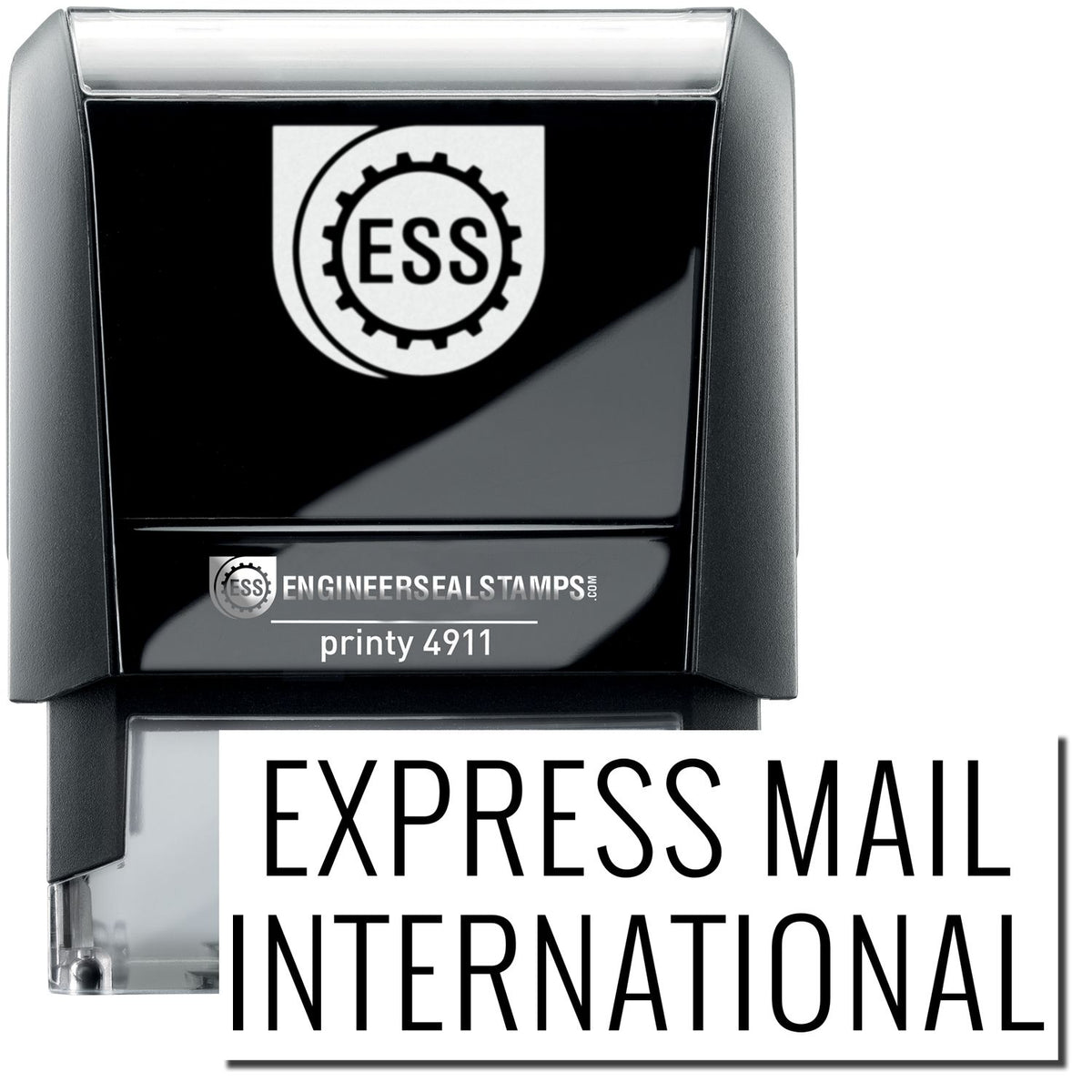 A self-inking stamp with a stamped image showing how the text &quot;EXPRESS MAIL INTERNATIONAL&quot; is displayed after stamping.