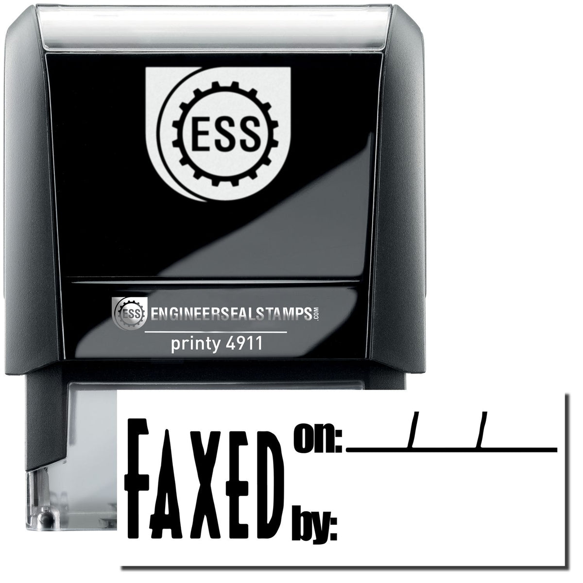 A self-inking stamp with a stamped image showing how the text &quot;FAXED on: by:&quot; (with space for writing the date and the name of the person from whom the fax is received is given) is displayed after stamping.