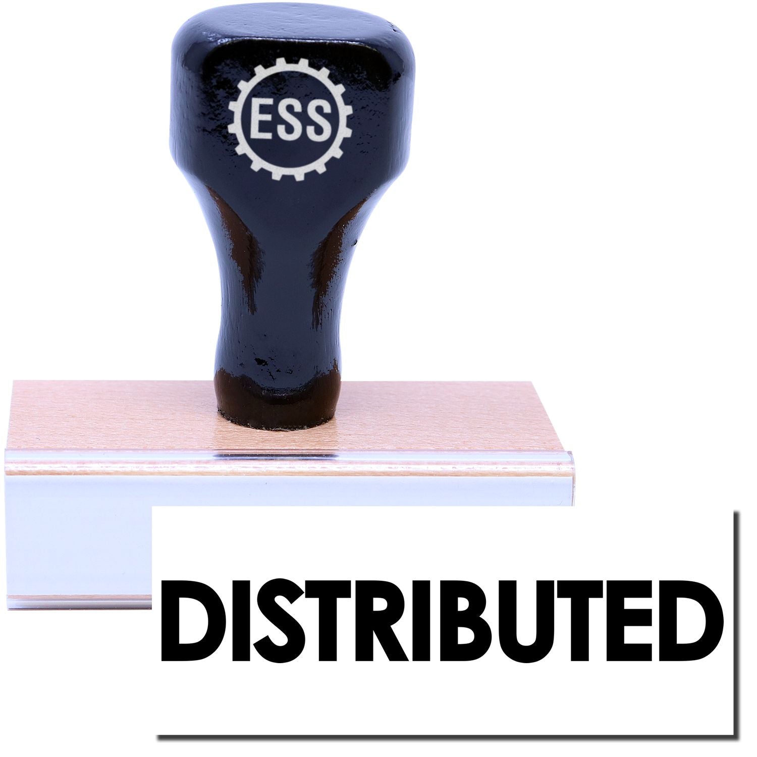A stock office rubber stamp with a stamped image showing how the text "DISTRIBUTED" in bold font is displayed after stamping.