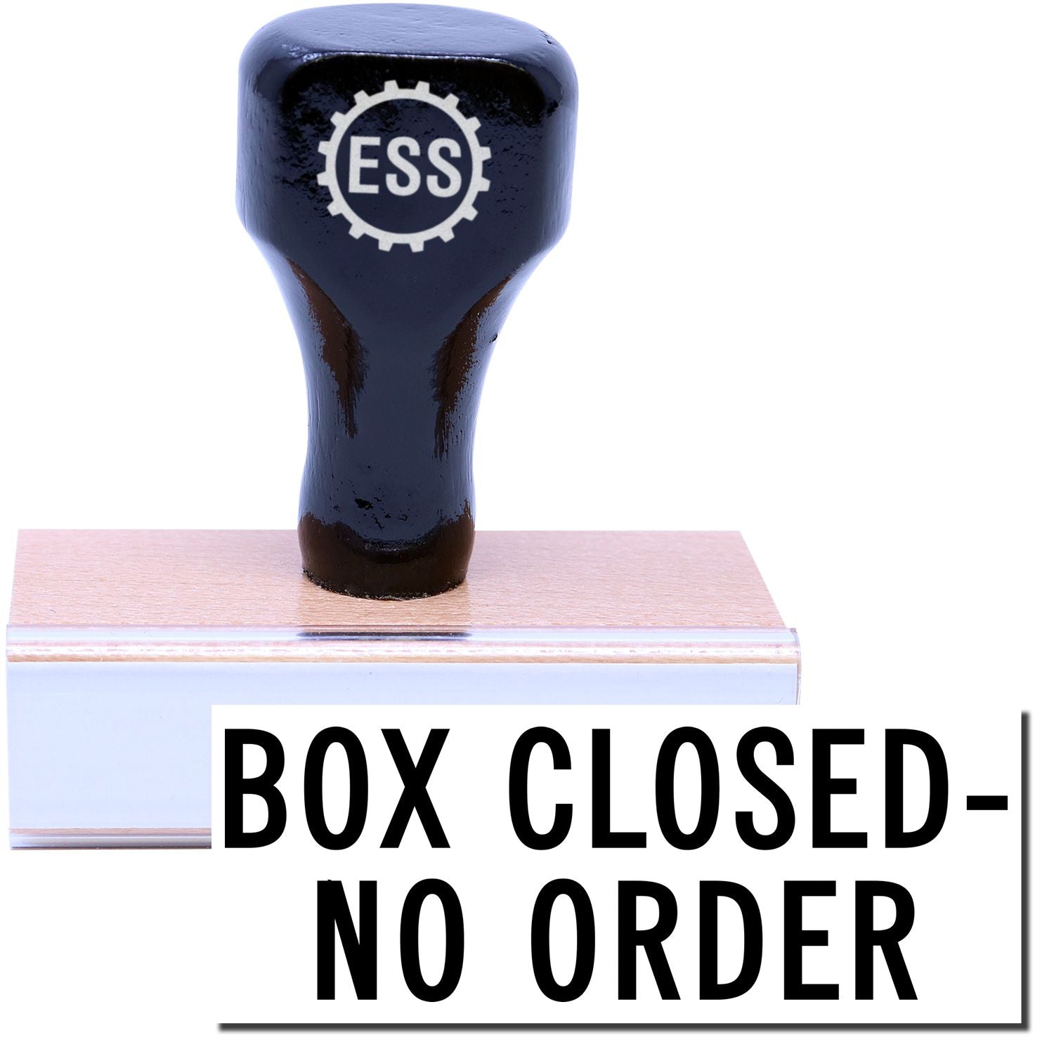 A stock office rubber stamp with a stamped image showing how the text BOX CLOSED - NO ORDER is displayed after stamping.