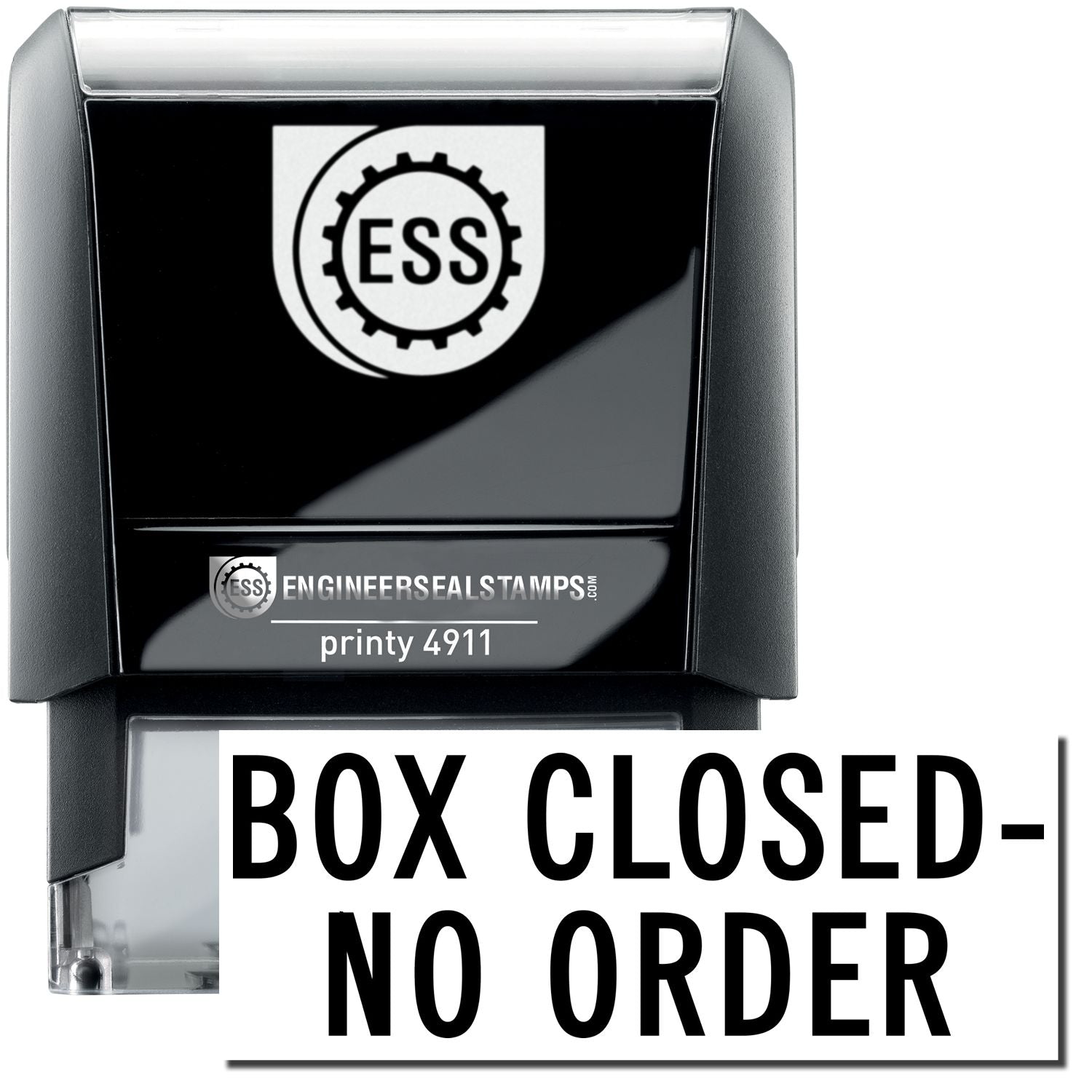 A self-inking stamp with a stamped image showing how the text "BOX CLOSED - NO ORDER" is displayed after stamping.