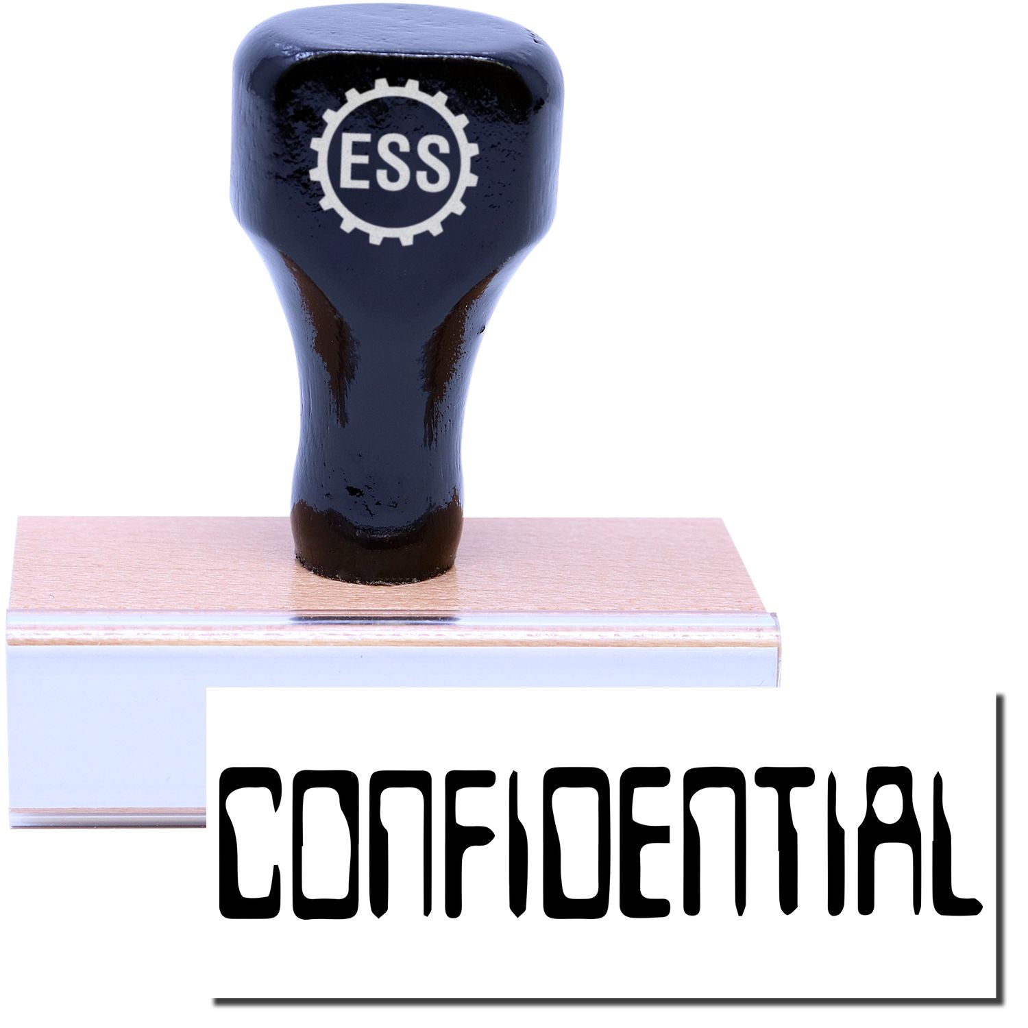 A stock office rubber stamp with a stamped image showing how the text CONFIDENTIAL in a barcode font is displayed after stamping.