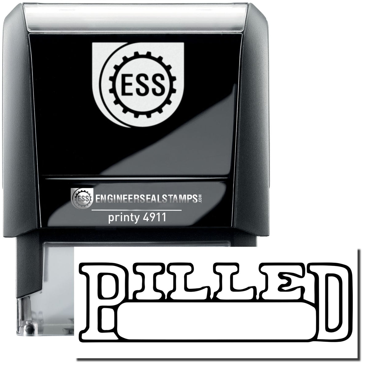 A self-inking stamp with a stamped image showing how the text &quot;BILLED&quot; in an outline font with a date box underneath is displayed after stamping.