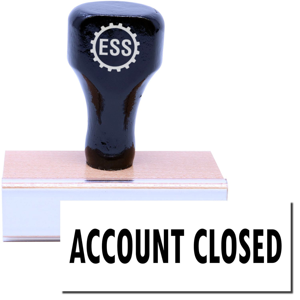 A stock office rubber stamp with a stamped image showing how the text &quot;ACCOUNT CLOSED&quot; in a large font is displayed after stamping.