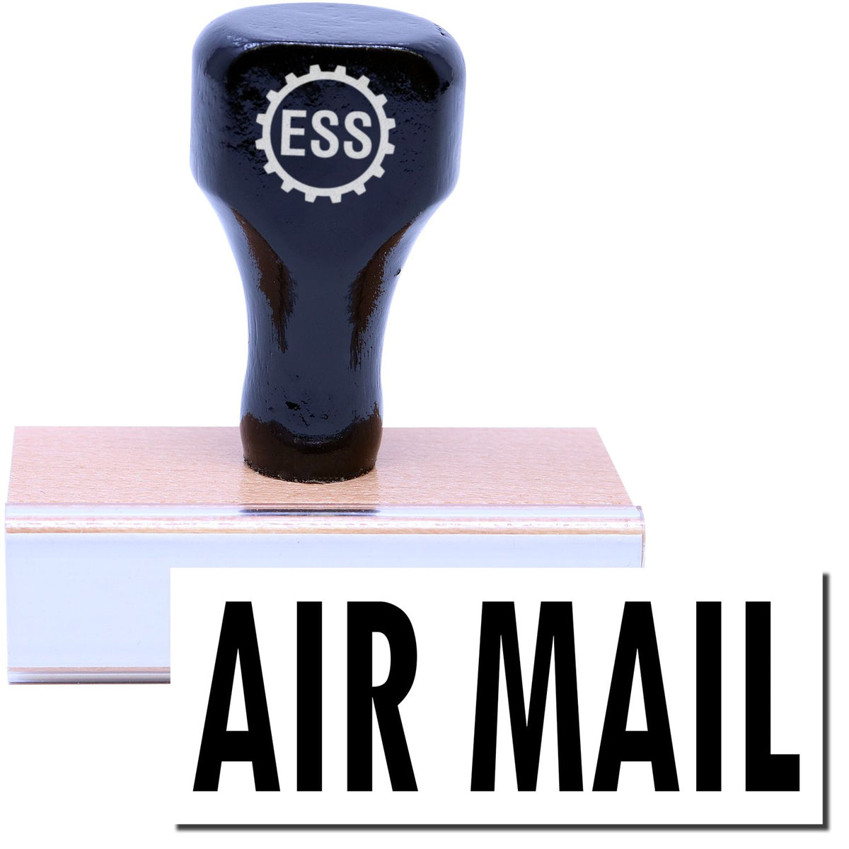 A stock office rubber stamp with a stamped image showing how the text &quot;AIR MAIL&quot; in a large font is displayed after stamping.