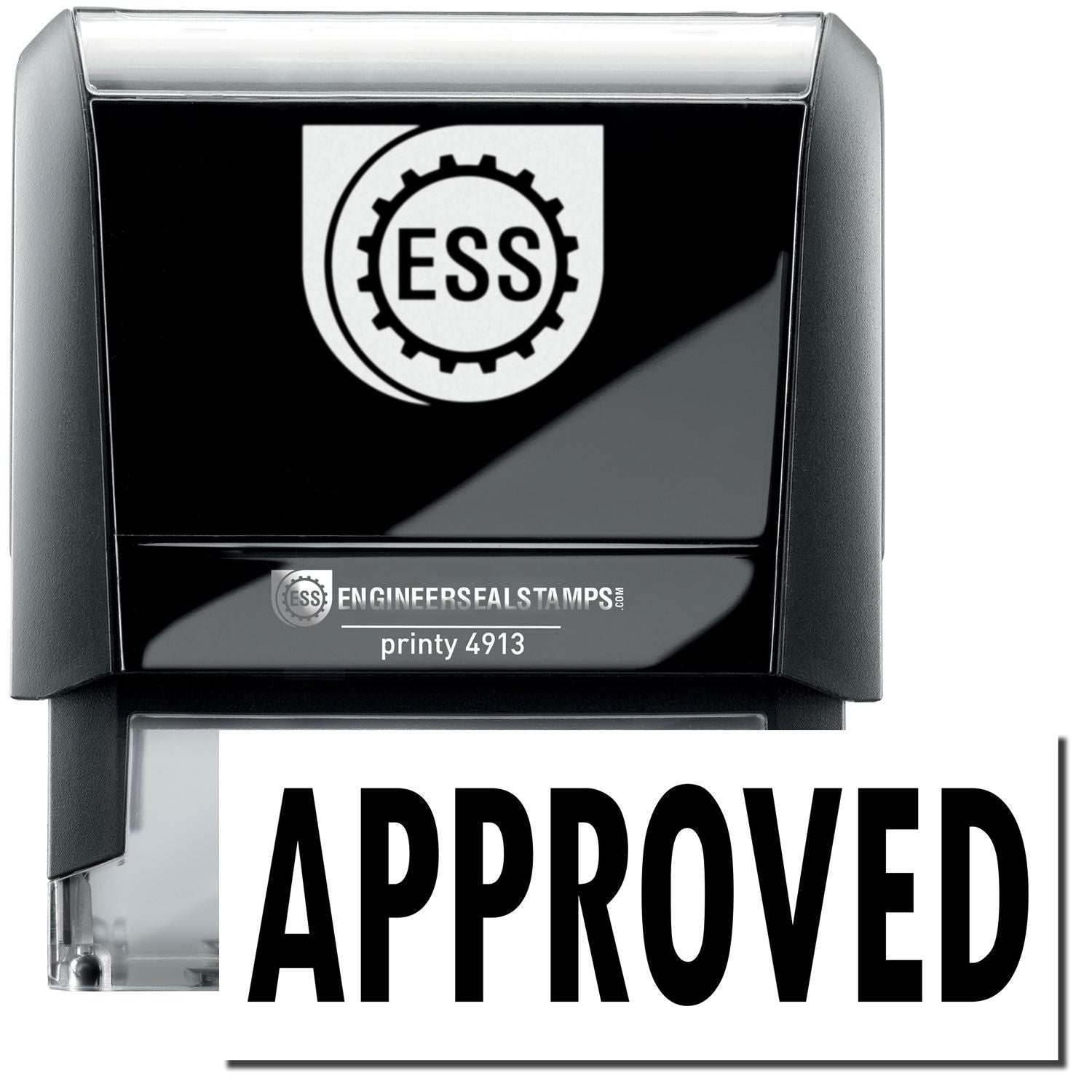 A large self-inking stamp with a stamped image showing that the text APPROVED in a large bold font will display by stamping