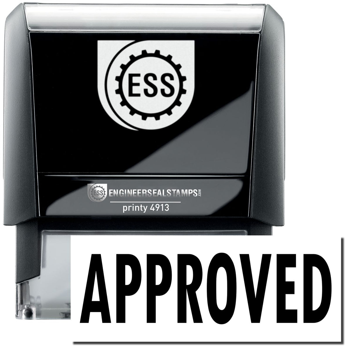 A large self-inking stamp with a stamped image showing that the text &quot;APPROVED&quot; in a large bold font will display by stamping