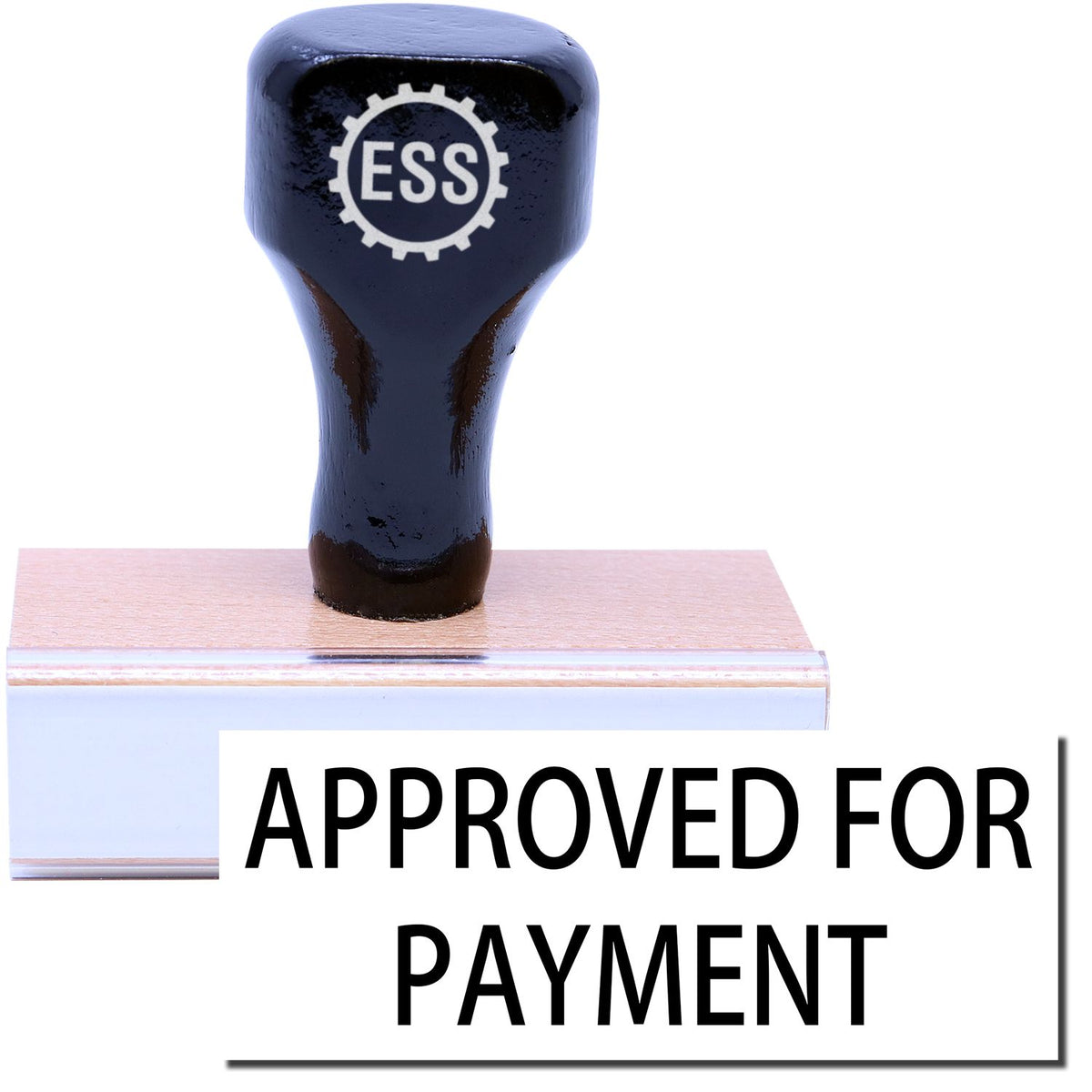 A stock office rubber stamp with a stamped image showing how the text &quot;APPROVED FOR PAYMENT&quot; in a large font is displayed after stamping.