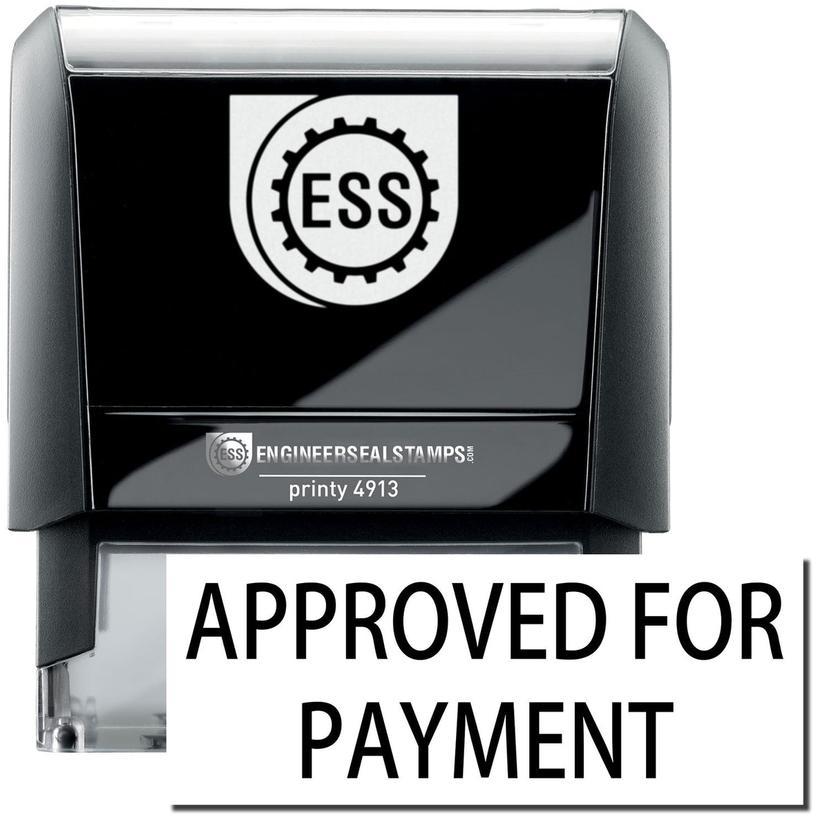 A large self-inking stamp with a stamped image showing the text &quot;APPROVED FOR PAYMENT&quot; in a large font displayed by it.