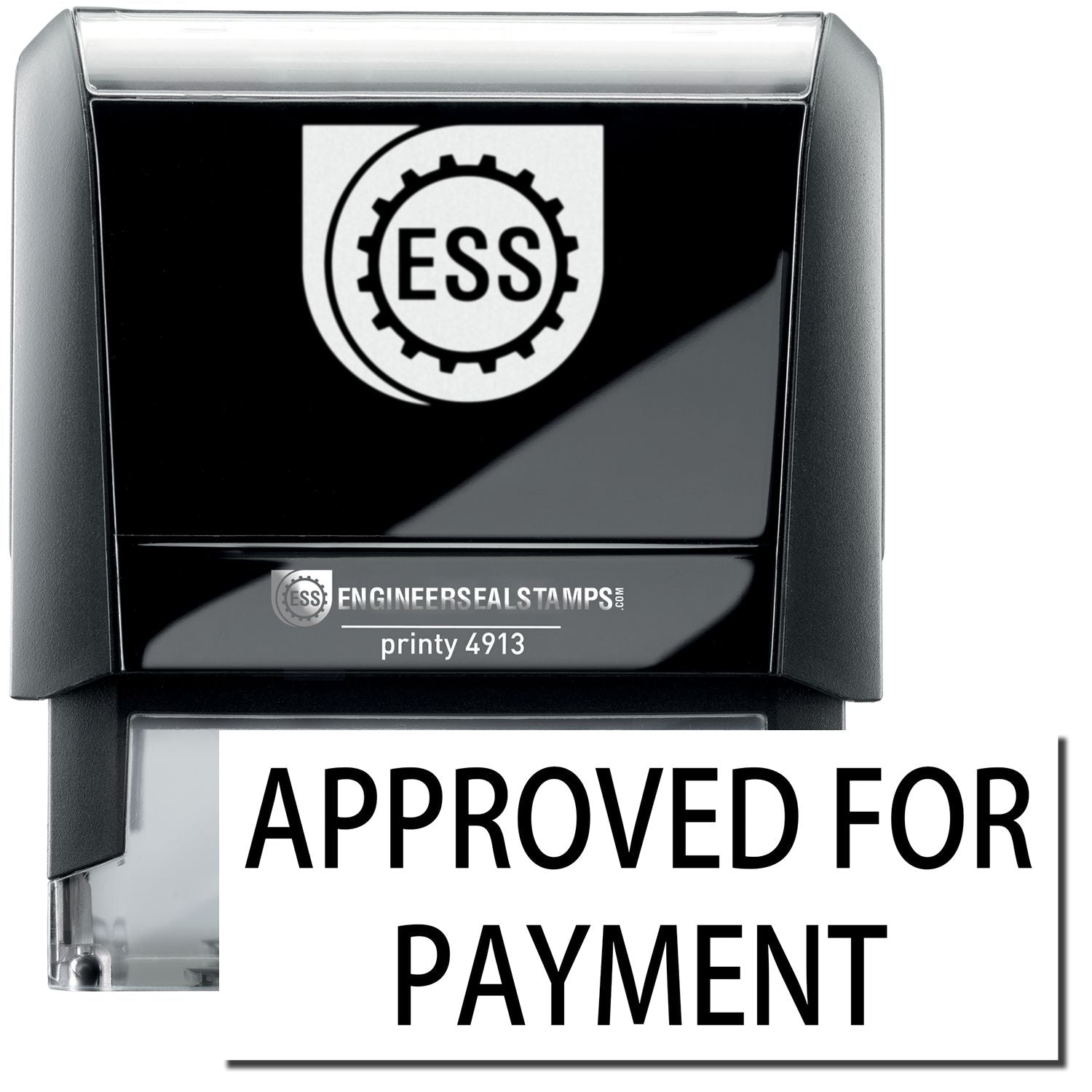 A large self-inking stamp with a stamped image showing the text "APPROVED FOR PAYMENT" in a large font displayed by it.