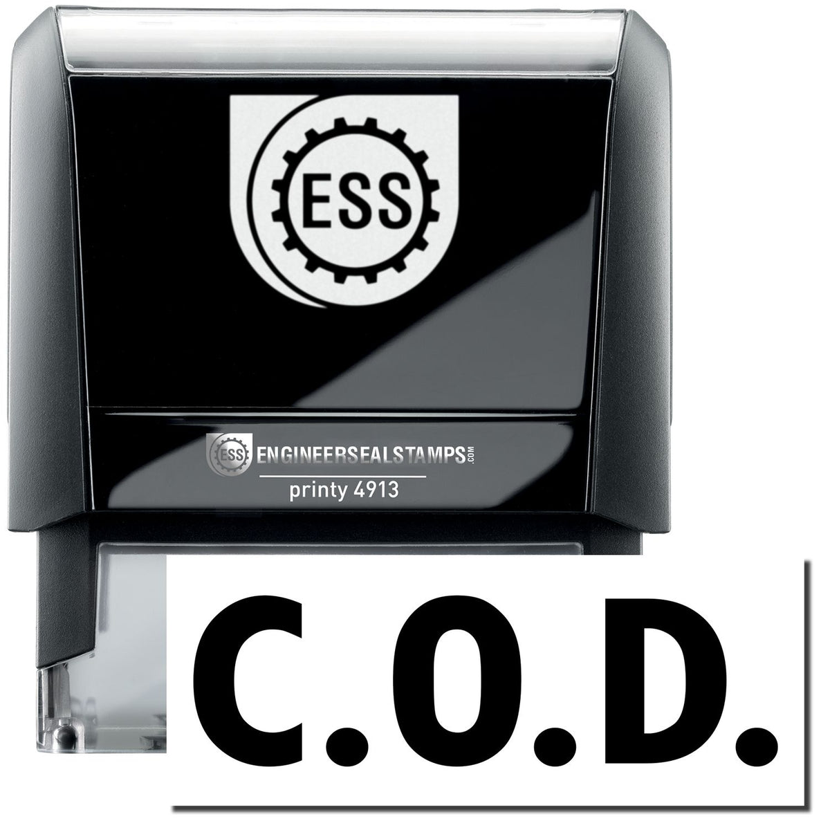 A large self-inking stamp with a stamped image showing how the text &quot;C.O.D.&quot; in a large bold font is displayed by it.