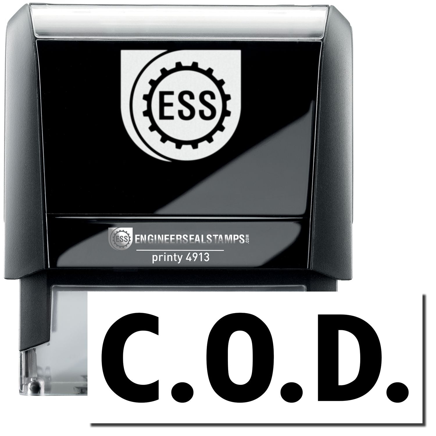 A large self-inking stamp with a stamped image showing how the text "C.O.D." in a large bold font is displayed by it.