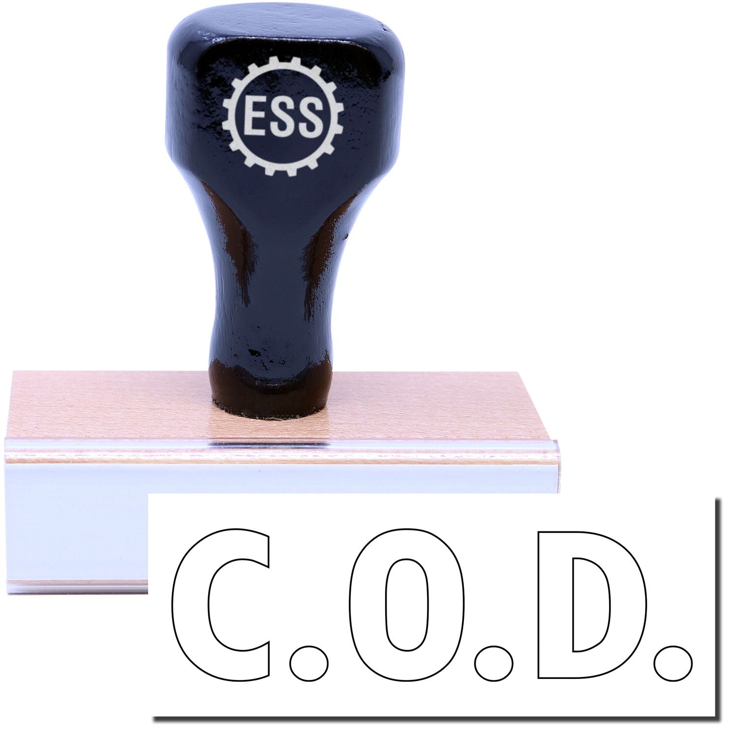 A stock office rubber stamp with a stamped image showing how the text "C.O.D." in a large font and in outline style is displayed after stamping.