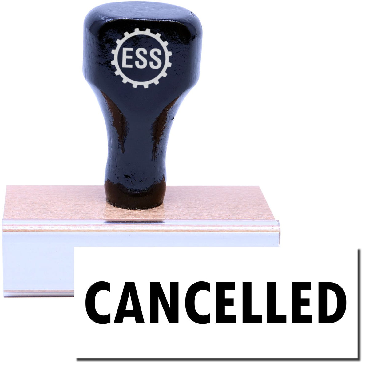 A stock office rubber stamp with a stamped image showing how the text &quot;CANCELLED&quot; in a large font is displayed after stamping.