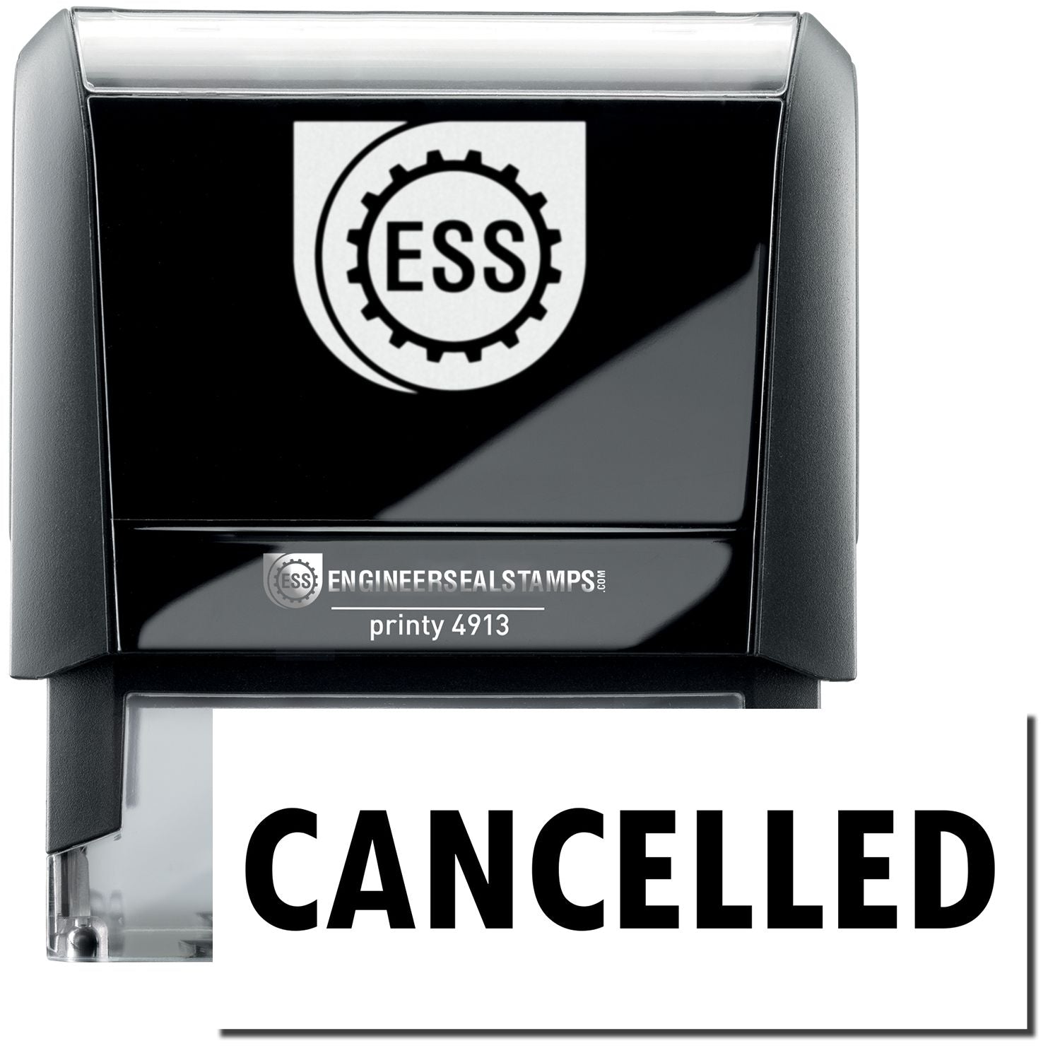 A large self-inking stamp with a stamped image showing how the text CANCELLED in a large bold font is displayed by it.