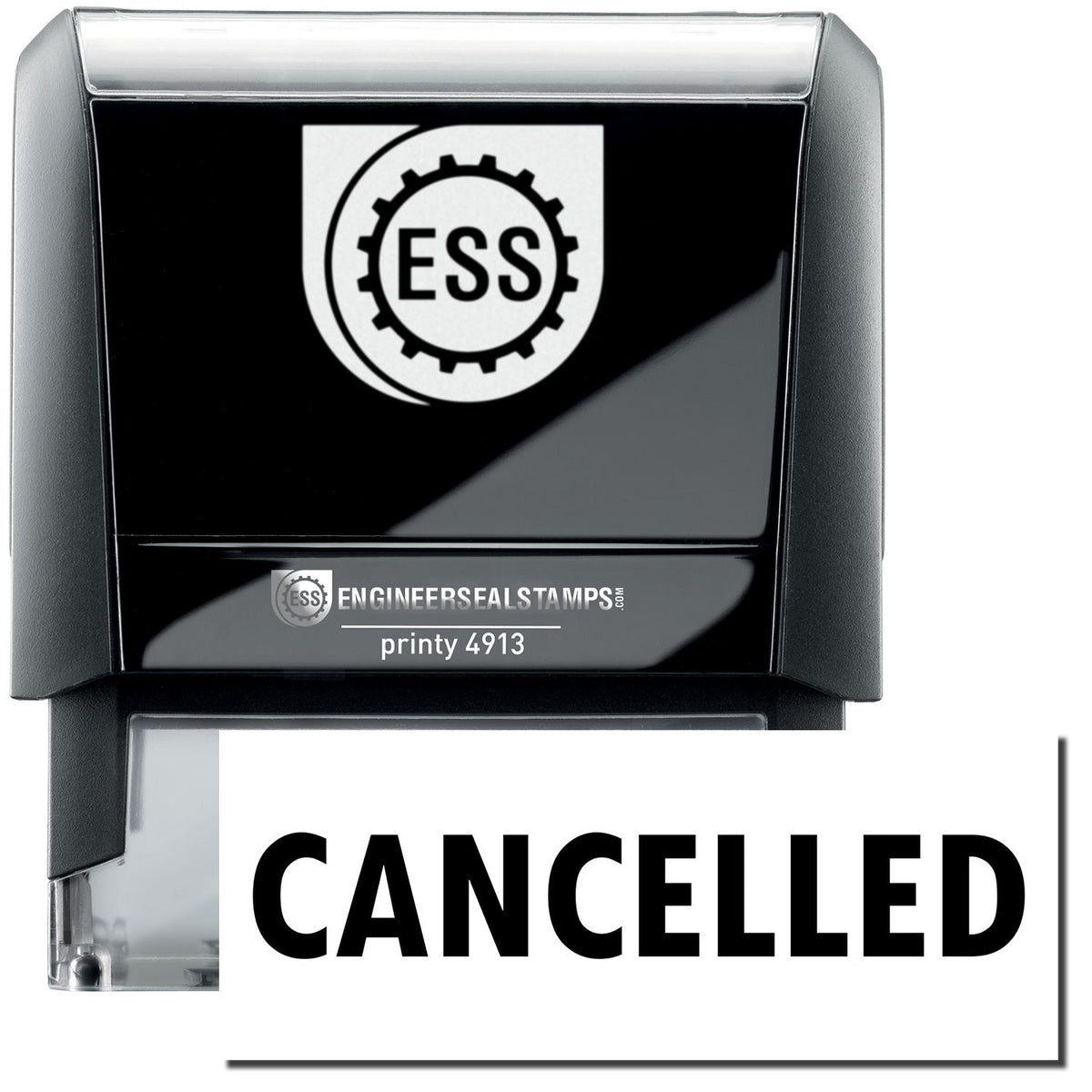A large self-inking stamp with a stamped image showing how the text &quot;CANCELLED&quot; in a large bold font is displayed by it.