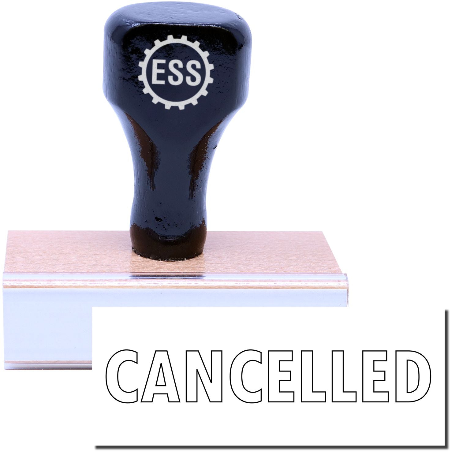 A stock office rubber stamp with a stamped image showing how the text "CANCELLED" in a large font and outline style is displayed after stamping.