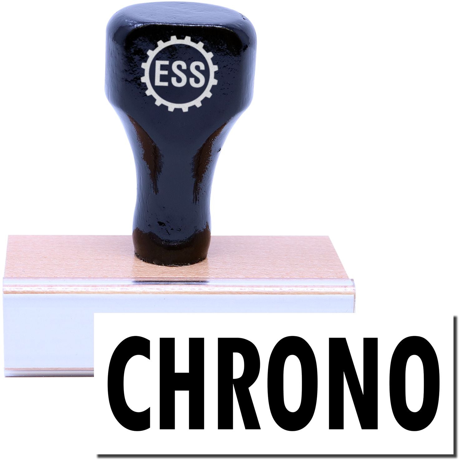 A stock office rubber stamp with a stamped image showing how the text "CHRONO" in a large font is displayed after stamping.
