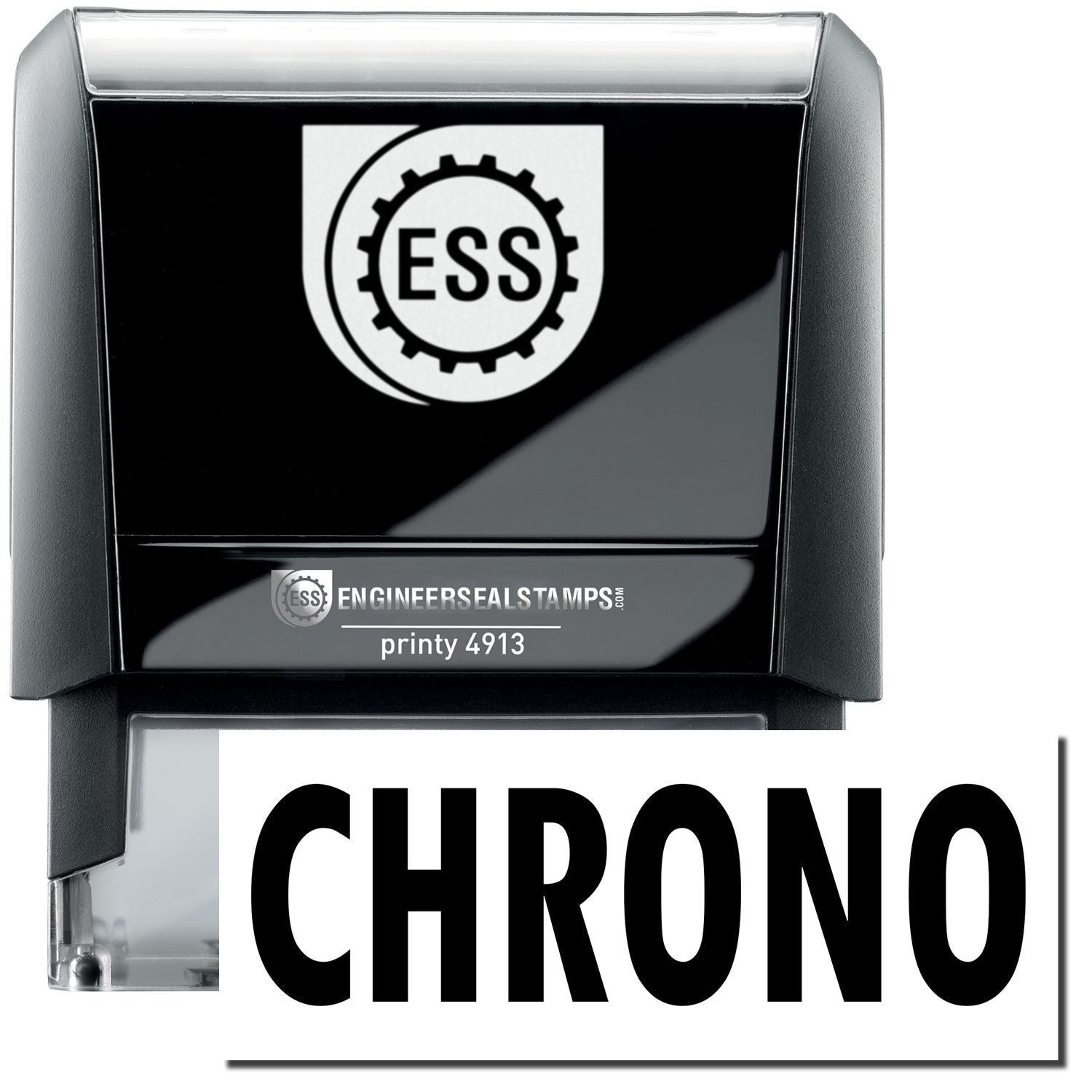 A large self-inking stamp with a stamped image showing how the word CHRONO in a large bold font is displayed by it.