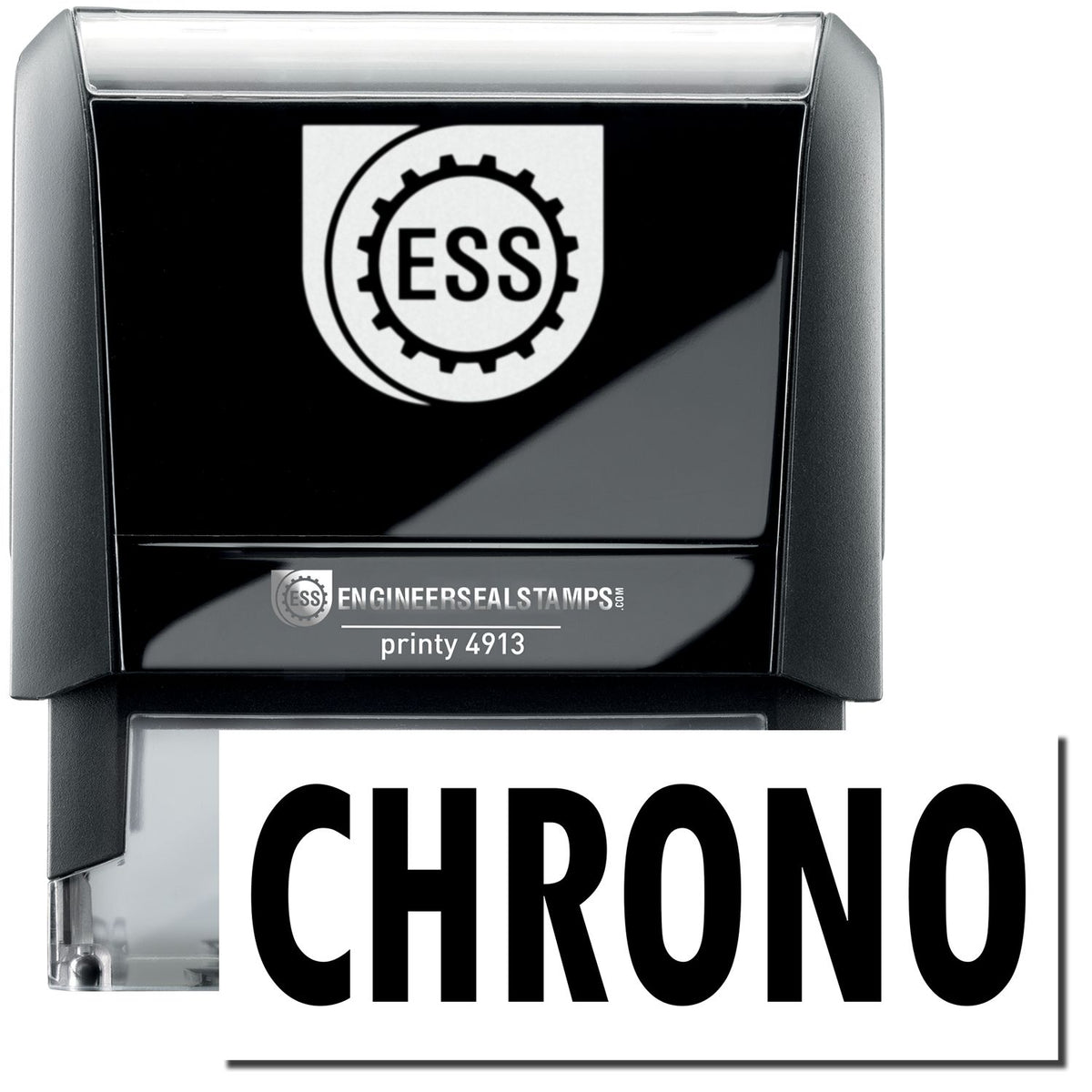 A large self-inking stamp with a stamped image showing how the word &quot;CHRONO&quot; in a large bold font is displayed by it.