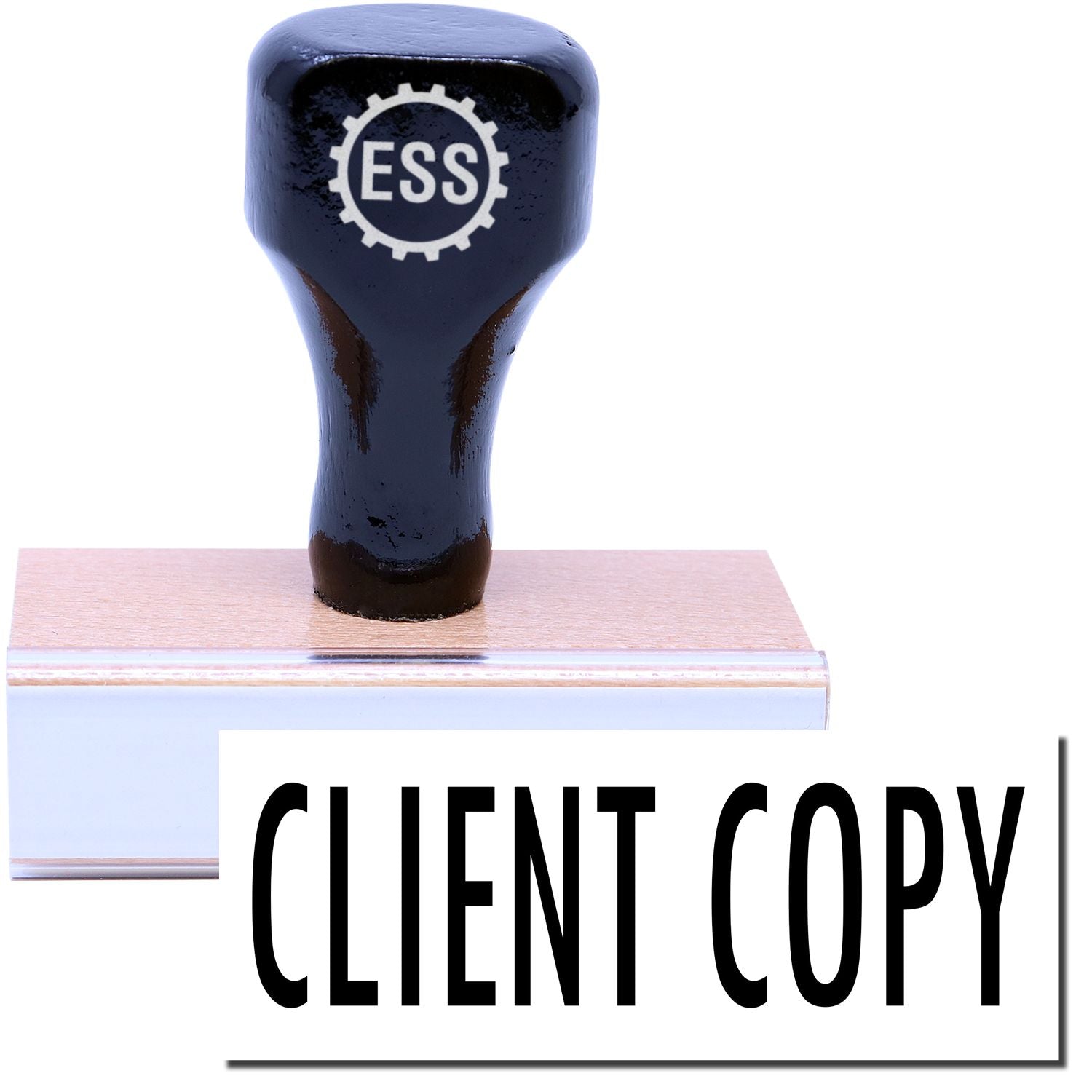 A stock office rubber stamp with a stamped image showing how the text CLIENT COPY in a large font is displayed after stamping.