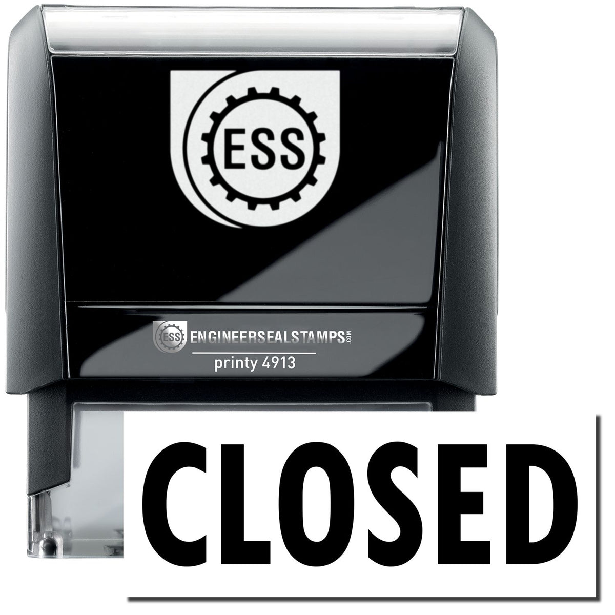 A large self-inking stamp with a stamped image showing how the text &quot;CLOSED&quot; in a large bold font is displayed by it.
