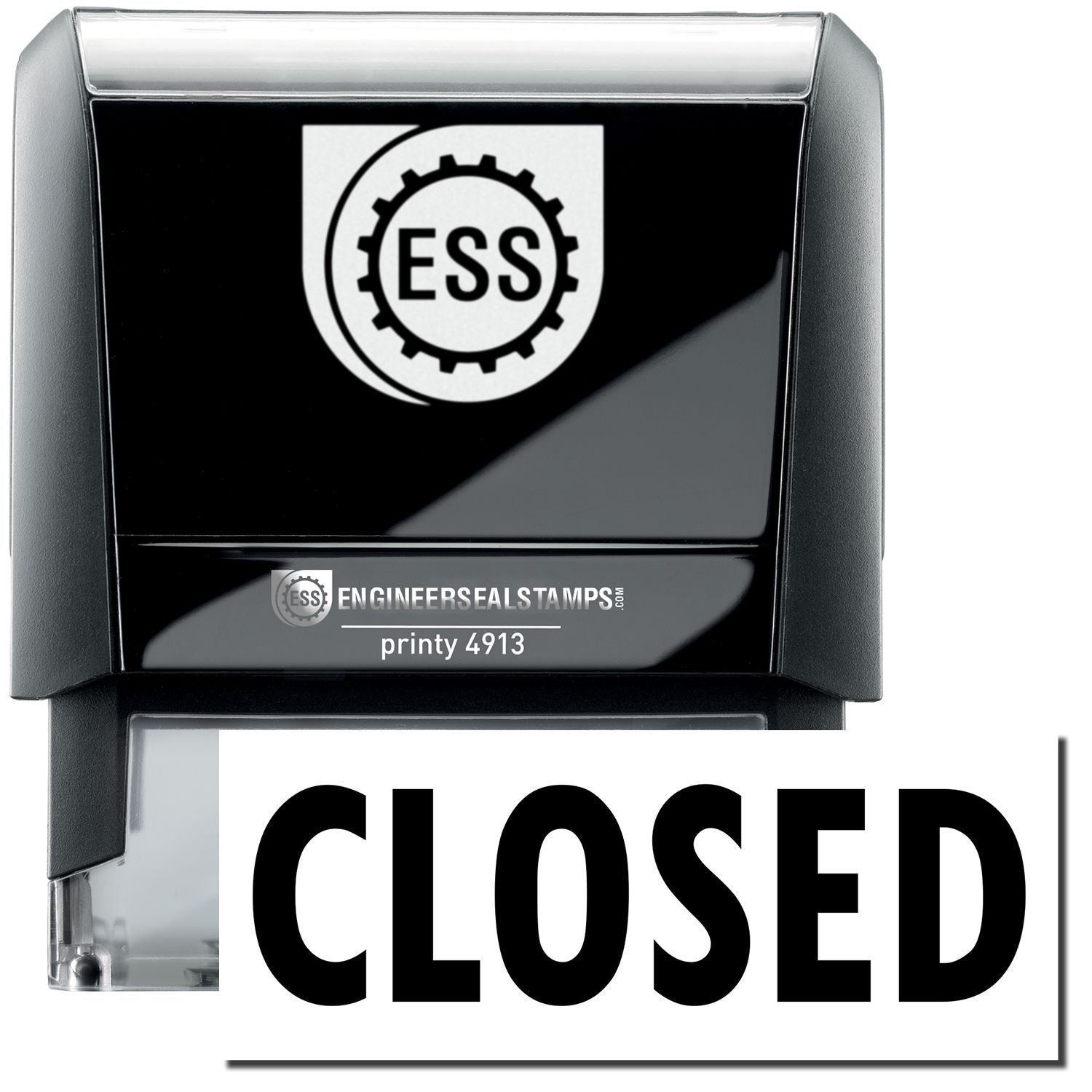 A large self-inking stamp with a stamped image showing how the text "CLOSED" in a large bold font is displayed by it.
