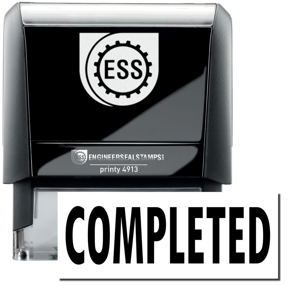 A large self-inking stamp with a stamped image showing how the text &quot;COMPLETED&quot; in a large bold font is displayed by it.