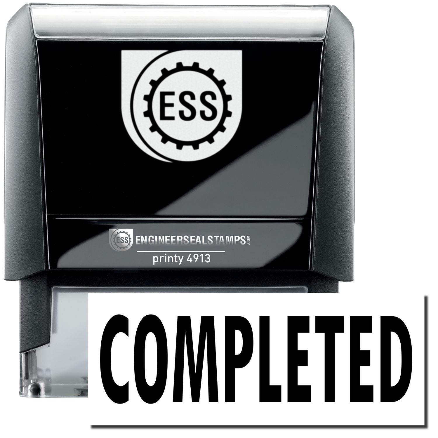 A large self-inking stamp with a stamped image showing how the text "COMPLETED" in a large bold font is displayed by it.