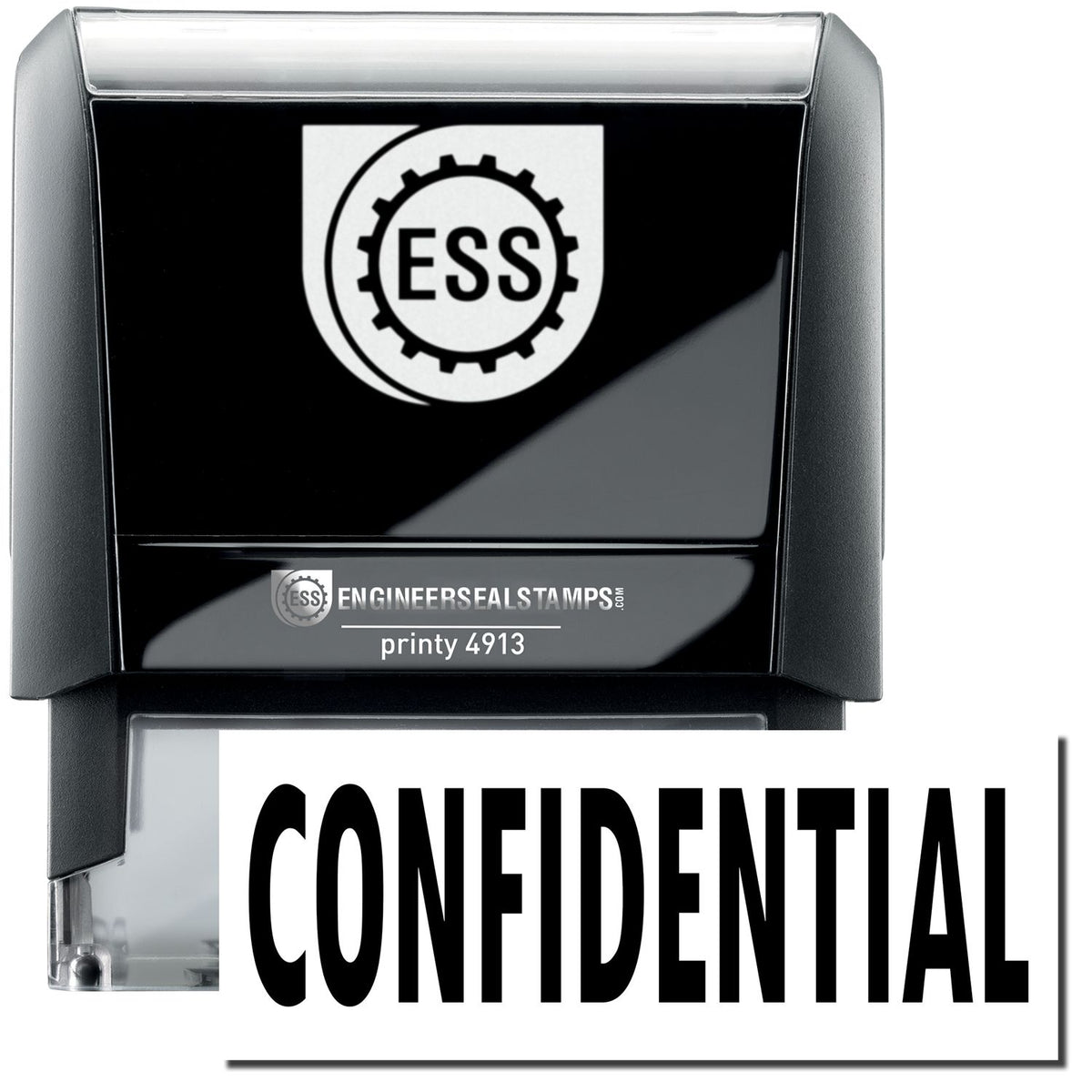 A large self-inking stamp with a stamped image showing how the text &quot;CONFIDENTIAL&quot; in a large bold font is displayed by it.