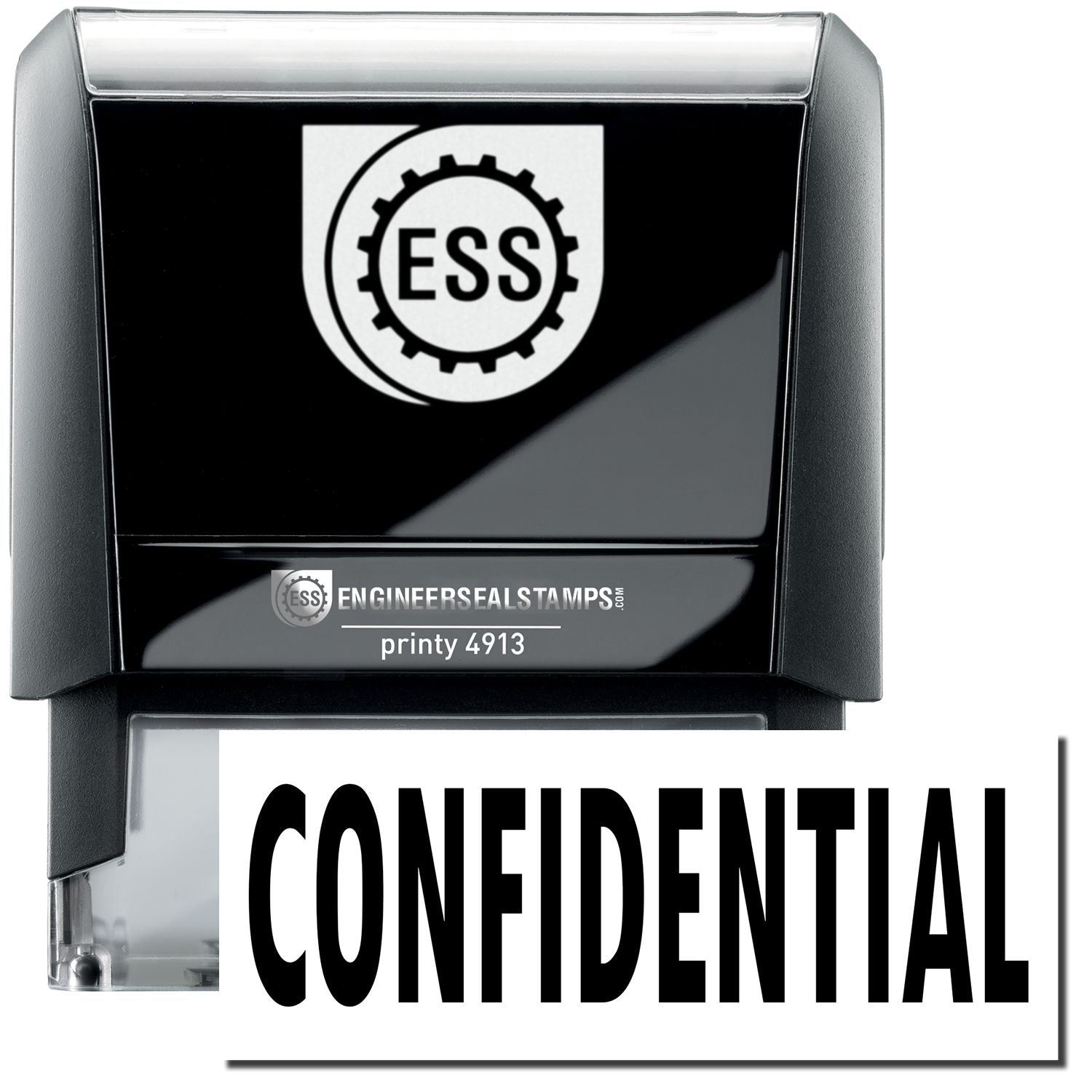 A large self-inking stamp with a stamped image showing how the text "CONFIDENTIAL" in a large bold font is displayed by it.