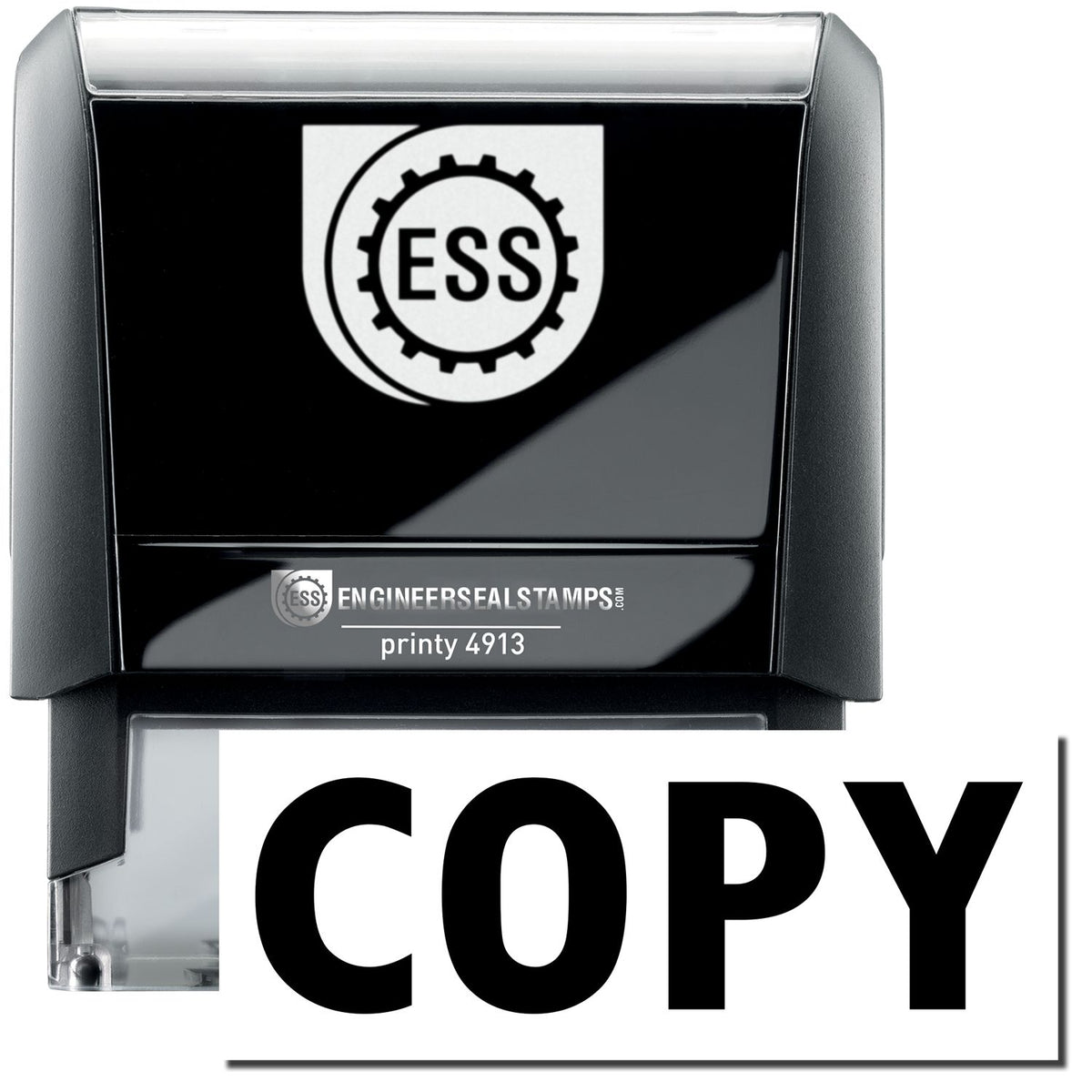 A large self-inking stamp with a stamped image showing how the text &quot;COPY&quot; in a large bold font is displayed by it.