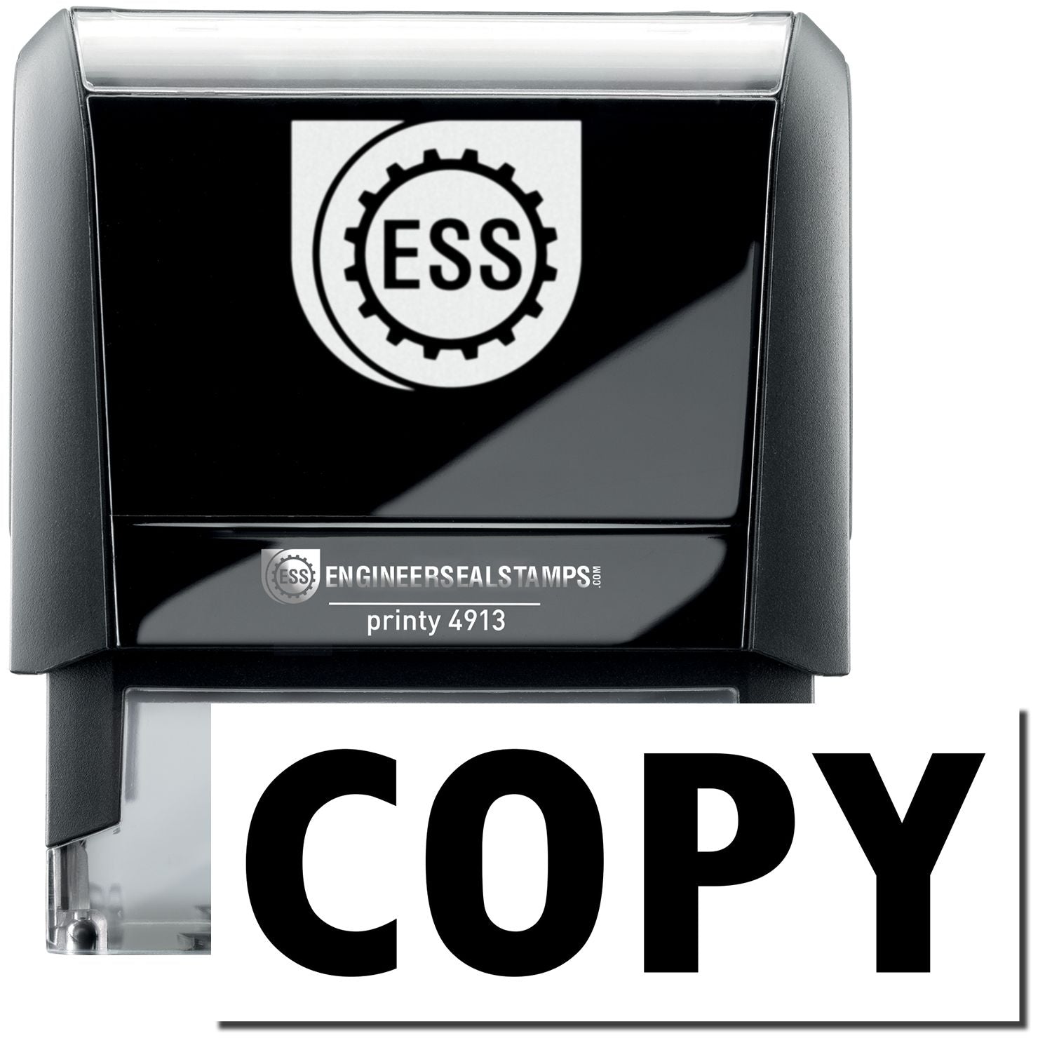 A large self-inking stamp with a stamped image showing how the text "COPY" in a large bold font is displayed by it.