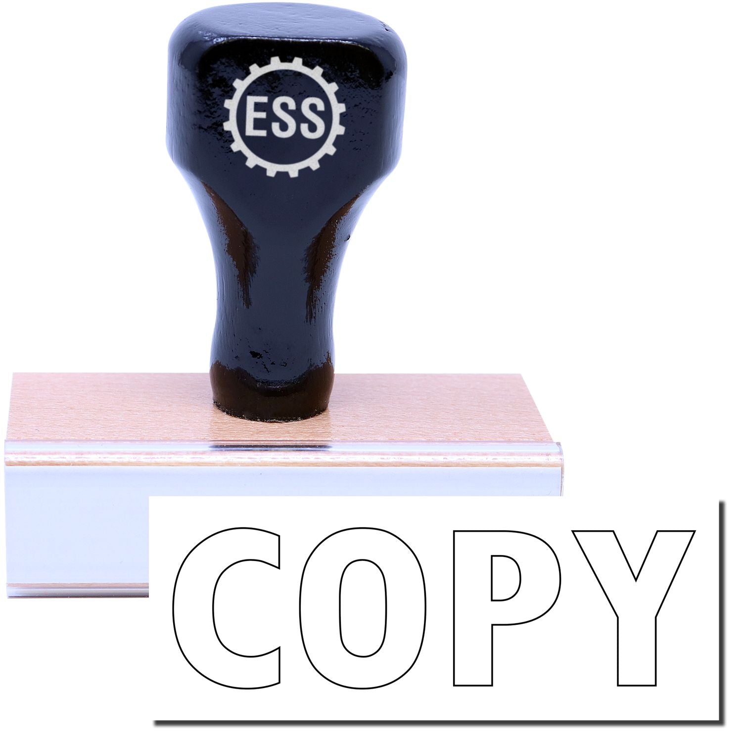 A stock office rubber stamp with a stamped image showing how the text "COPY" in a large font and outline style is displayed after stamping.