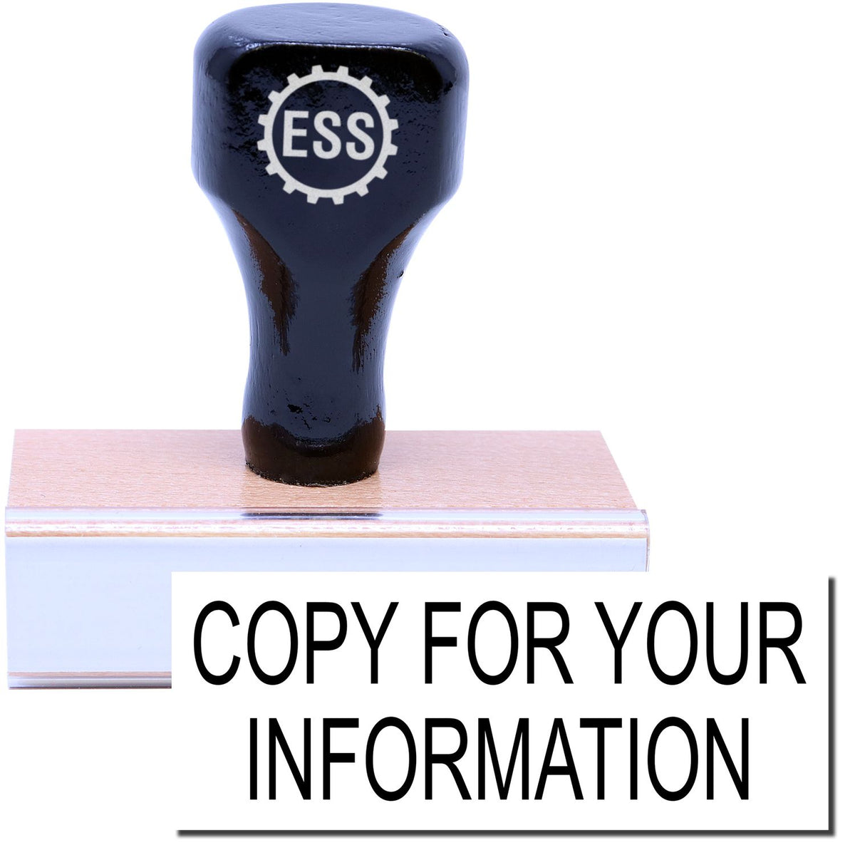 A stock office rubber stamp with a stamped image showing how the text &quot;COPY FOR YOUR INFORMATION&quot; in a large font is displayed after stamping.