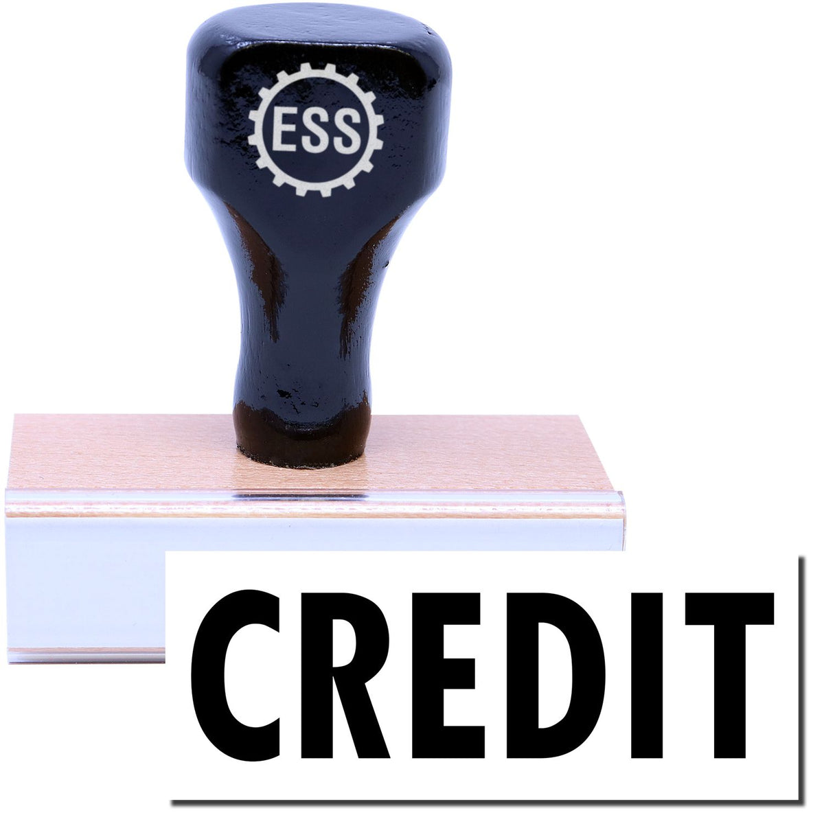 A stock office rubber stamp with a stamped image showing how the text &quot;CREDIT&quot; in a large font is displayed after stamping.