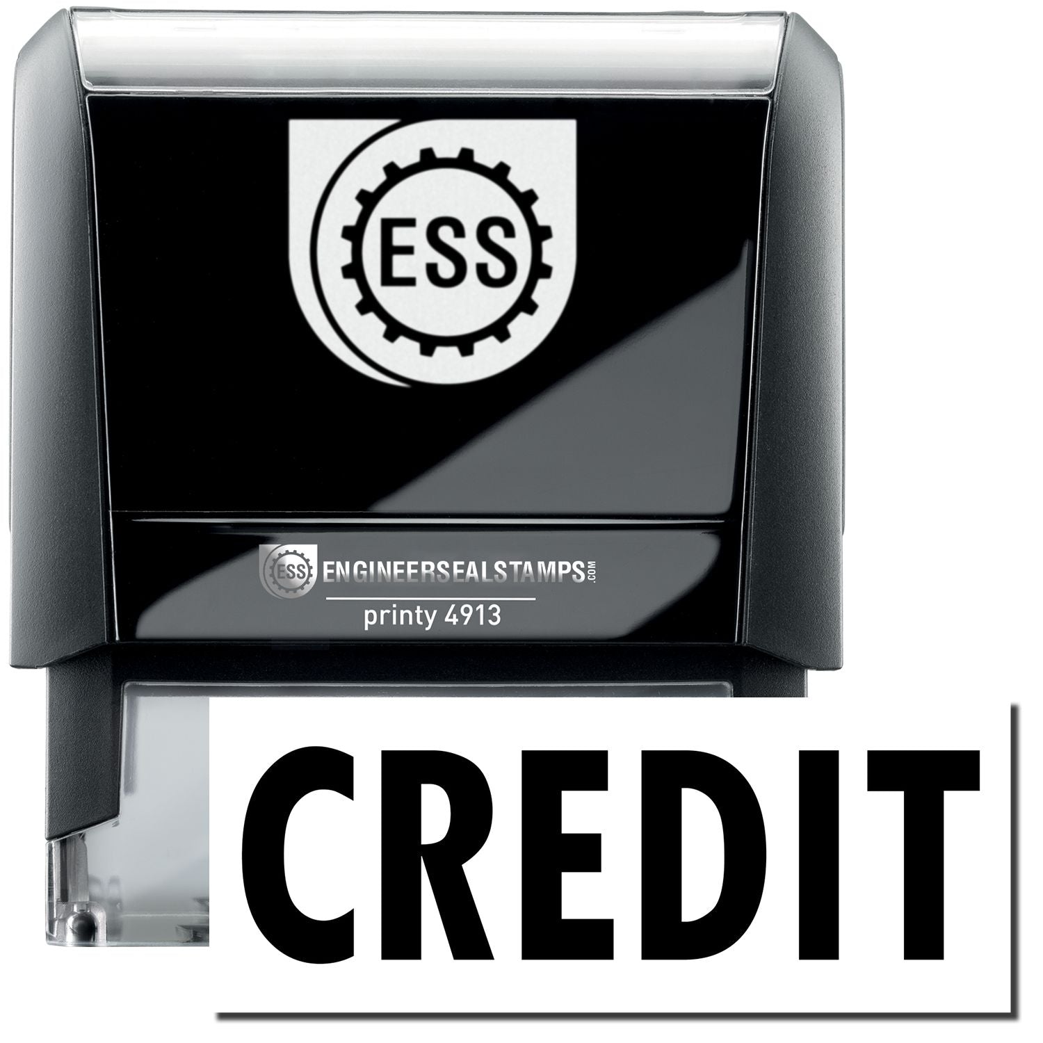 A large self-inking stamp with a stamped image showing how the text CREDIT in a large bold font is displayed by it.