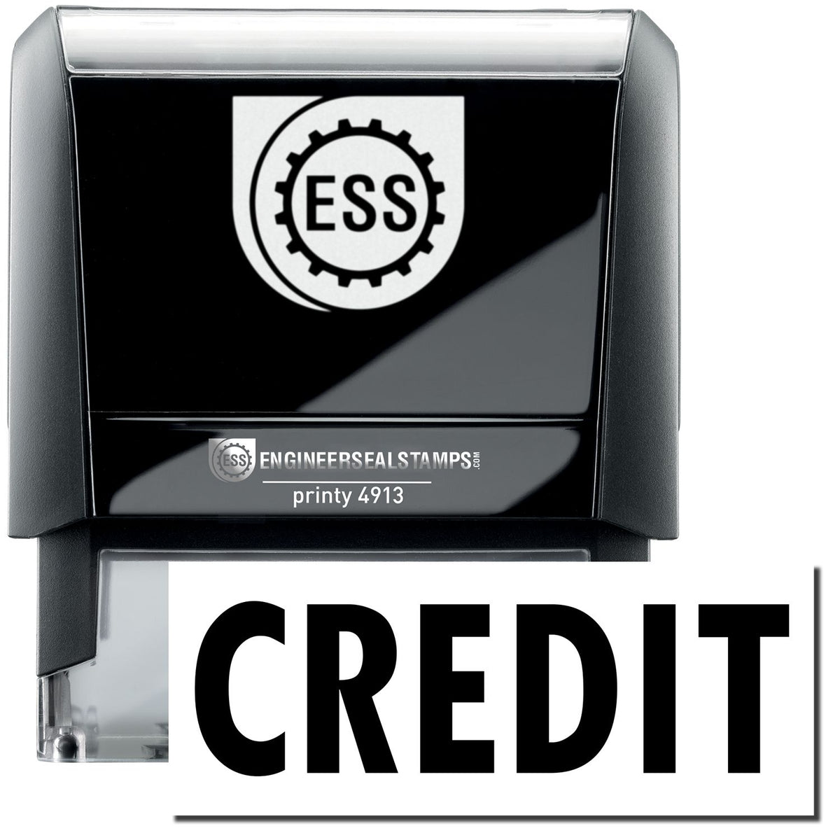 A large self-inking stamp with a stamped image showing how the text &quot;CREDIT&quot; in a large bold font is displayed by it.