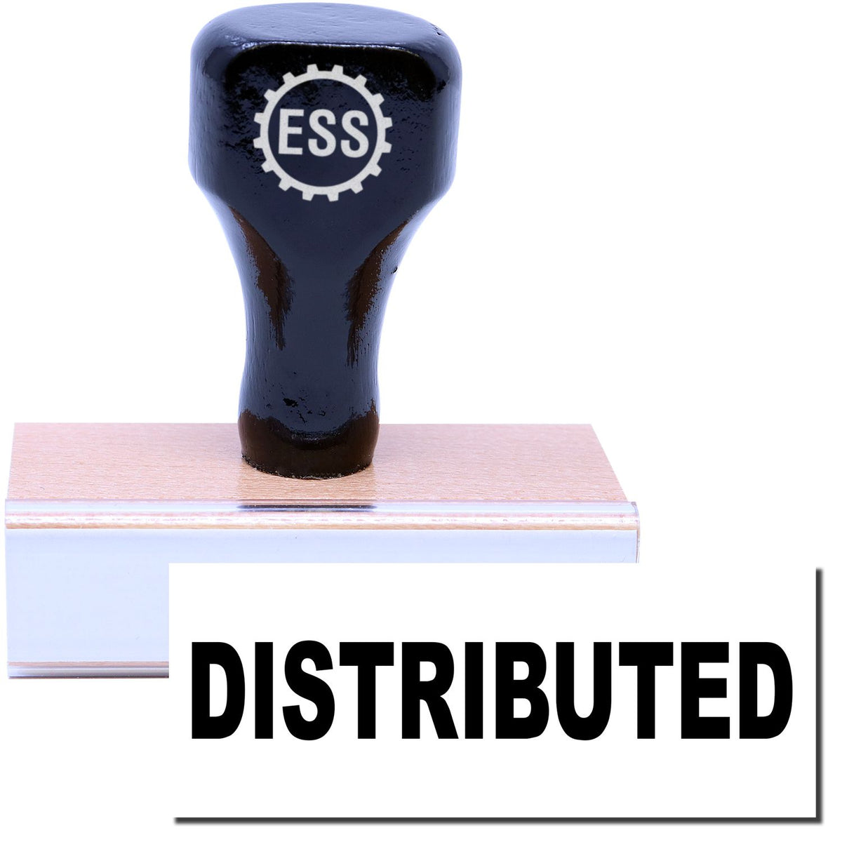 A stock office rubber stamp with a stamped image showing how the text &quot;DISTRIBUTED&quot; in a large font is displayed after stamping.